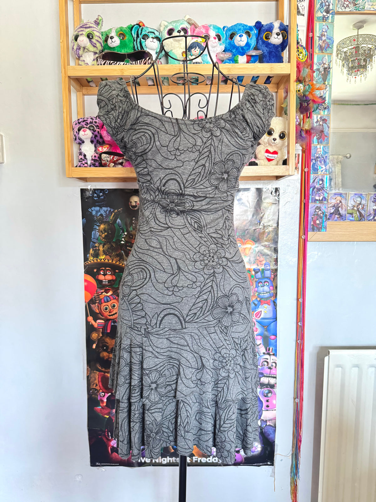 y2k vintage milkmaid floral print grey ruffle tiered mini dress