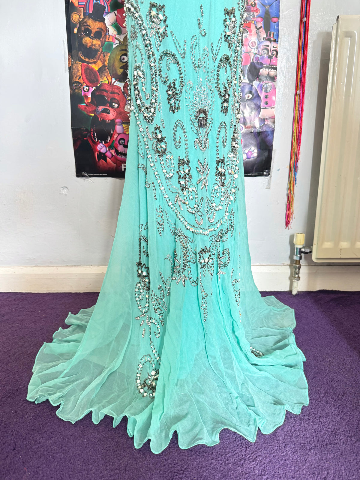 vintage 90’s turquoise blue silk heavily beaded handmade fishtail maxi dress mermaid core
