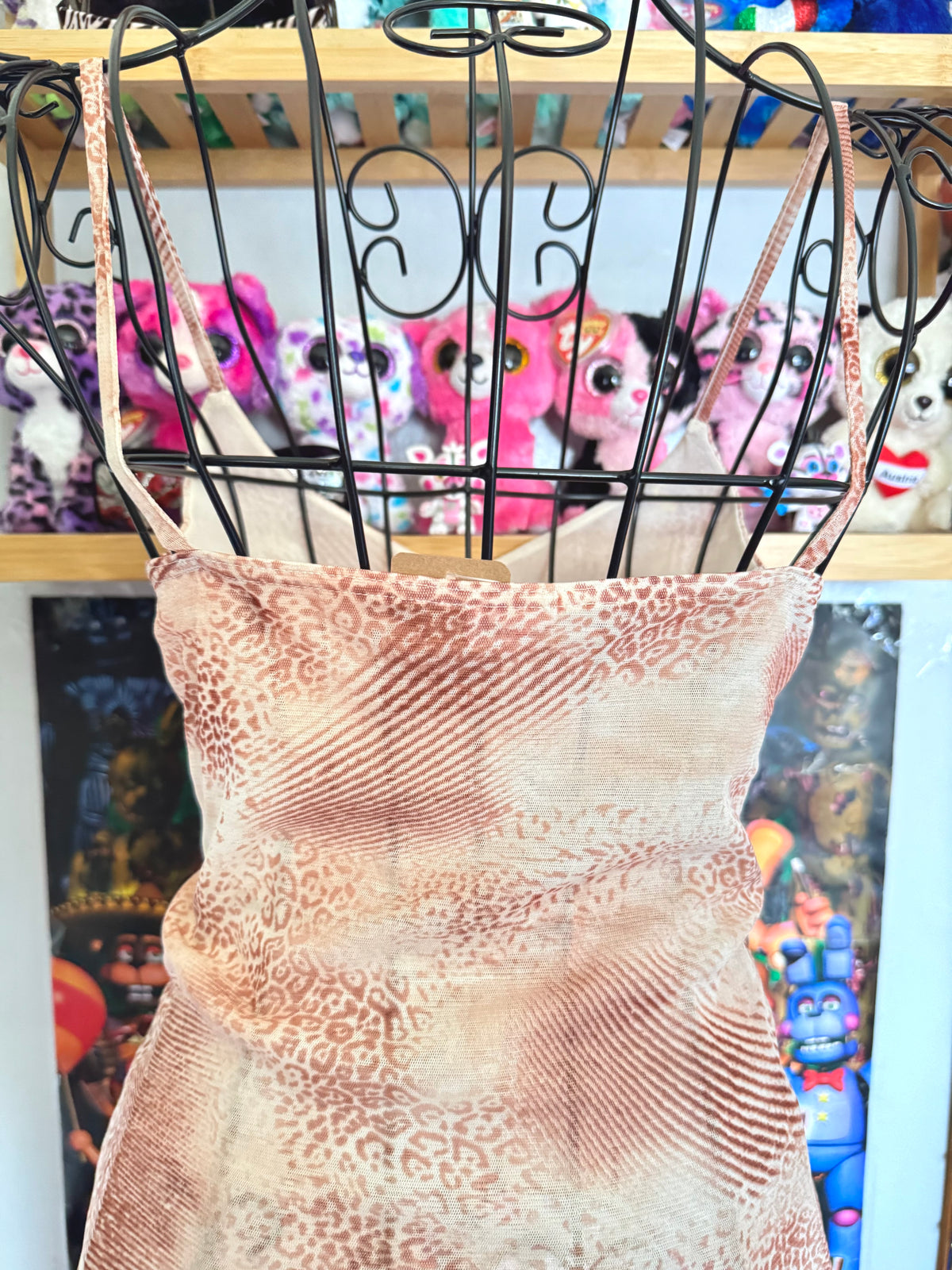y2k vintage sheer mesh leopard print pink and tan cropped fitted cami top summer festival