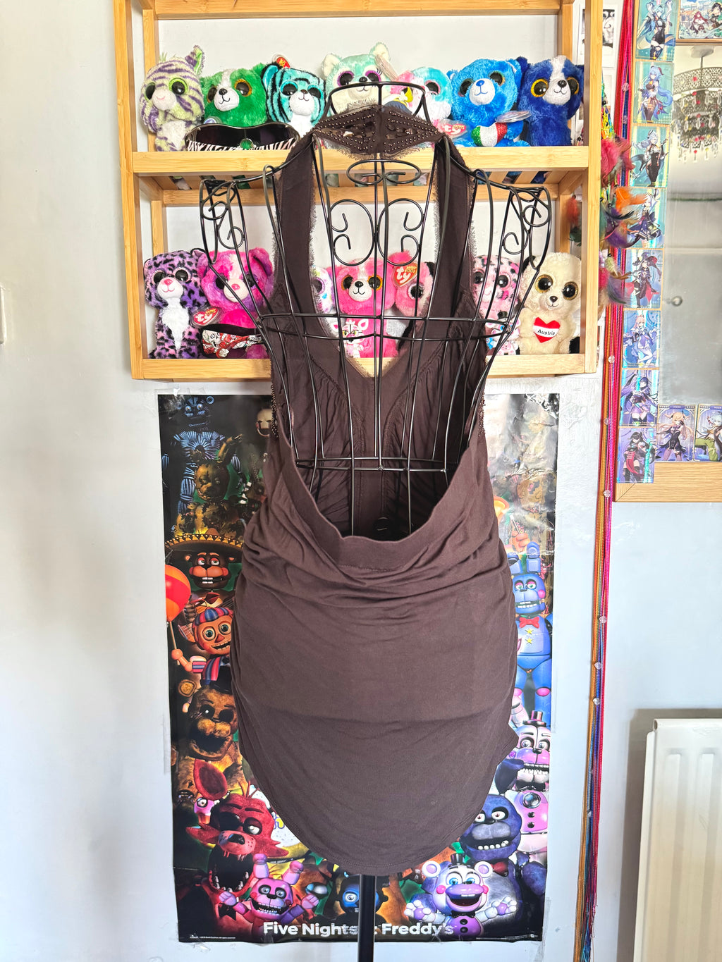 y2k vintage chocolate brown ruched and fitted low back sequin embellished halter top
