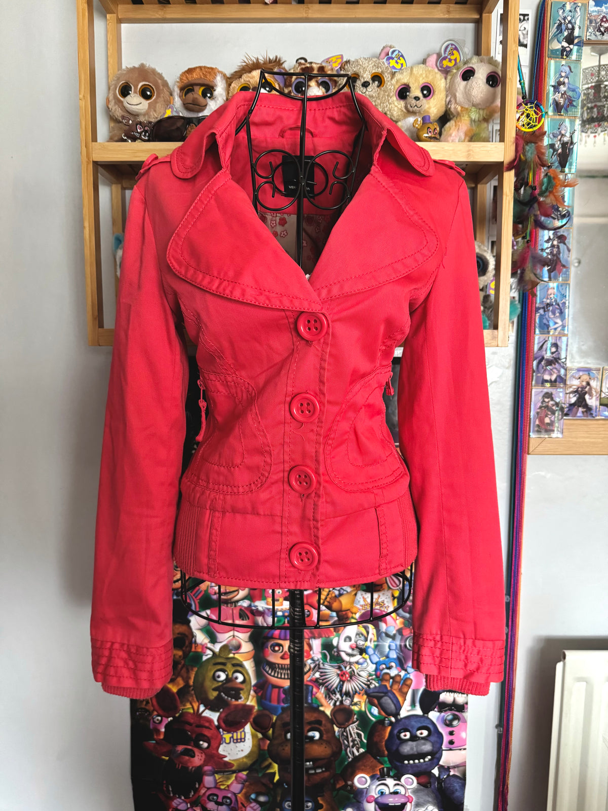 y2k vintage coral red fitted bomber jacket peacoat with zip pockets and chunky buttons