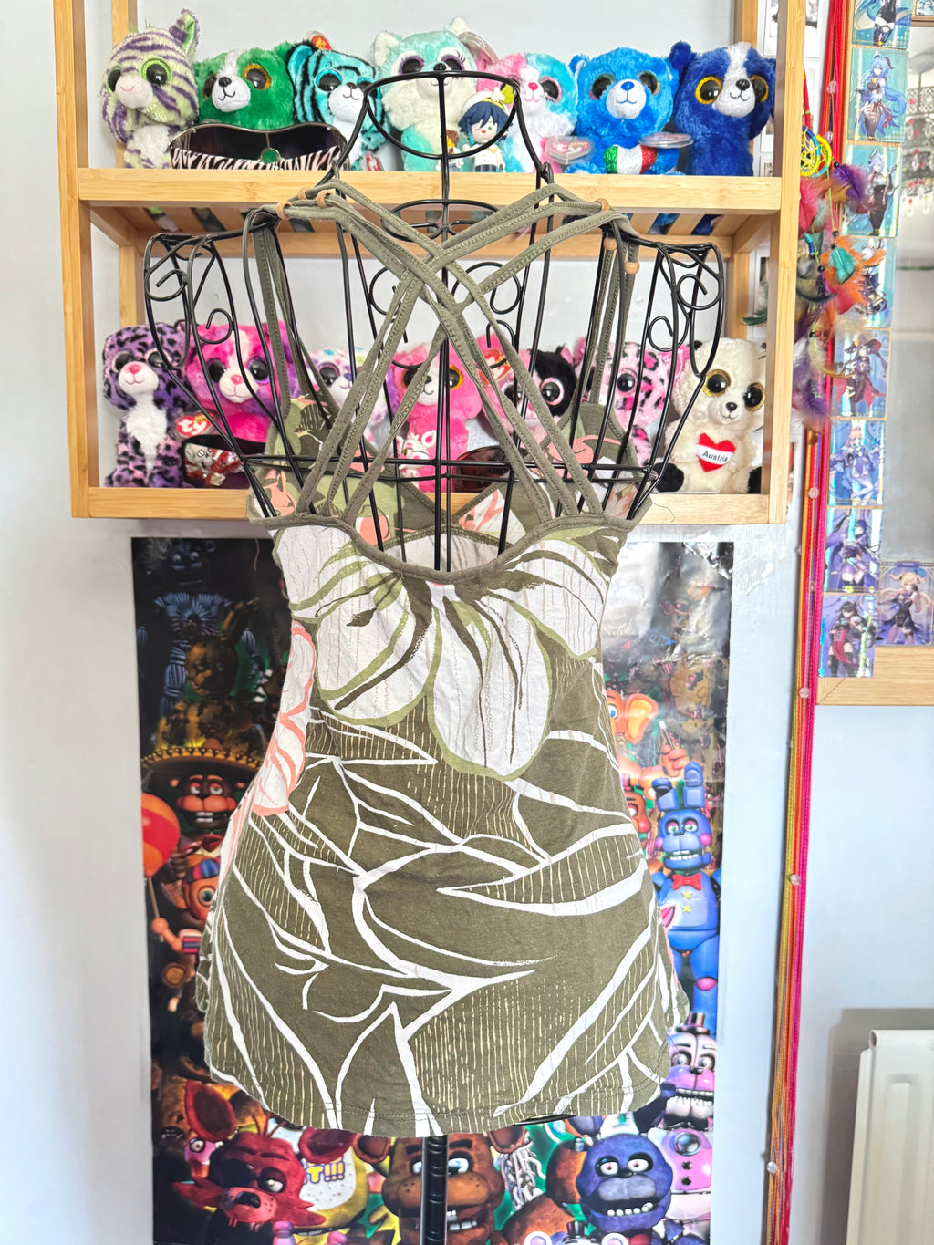 y2k vintage khaki fitted cami too with beaded criss-cross back and floral patterning