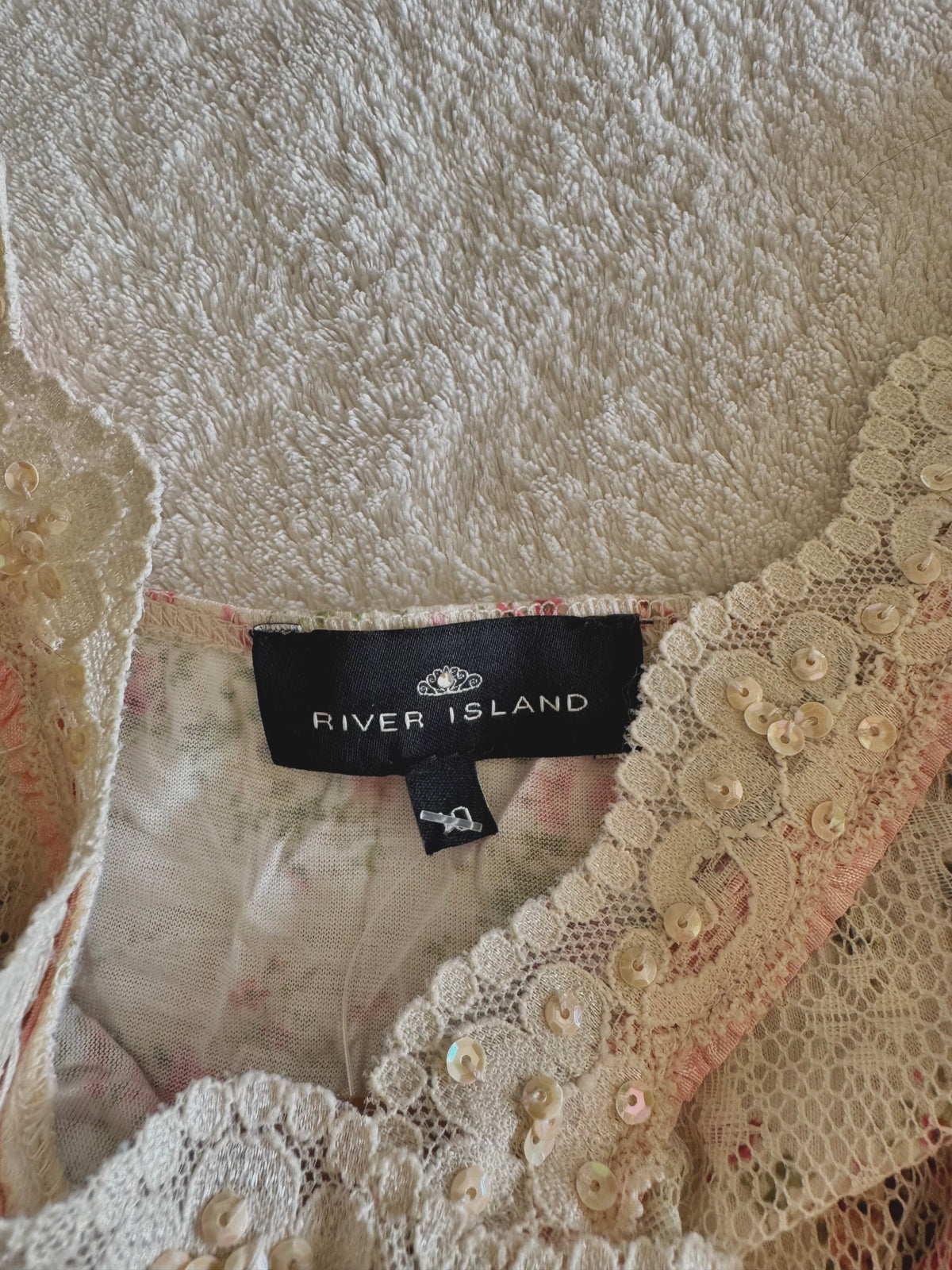 y2k vintage cream floral print sequin embellished ruffle lace trim cami top