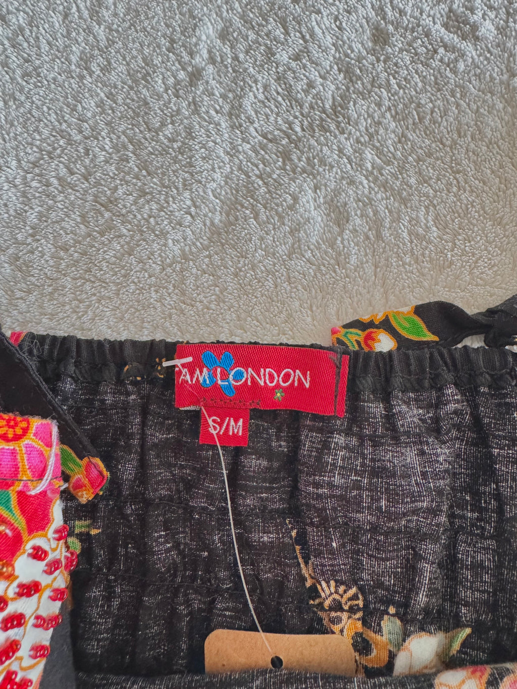 y2k vintage black and multi floral beaded fitted cami top