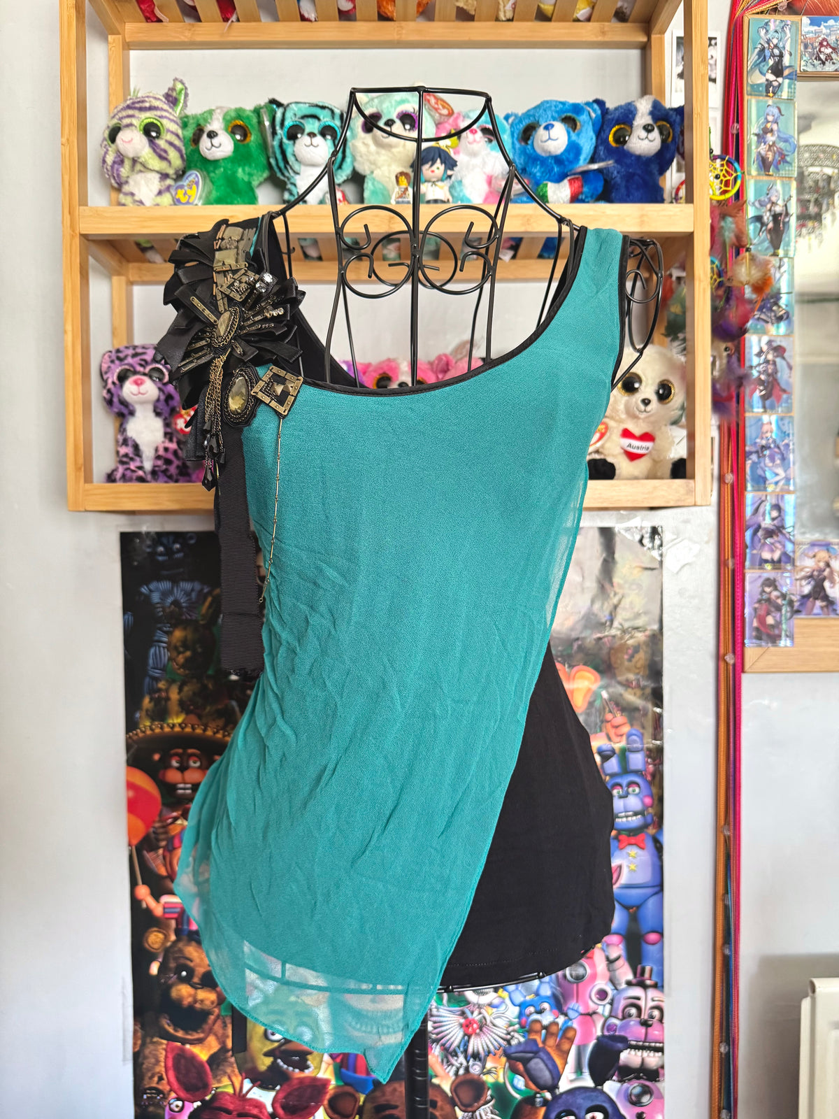 y2k vintage silk teal and black fitted asymmetrical hem vest top