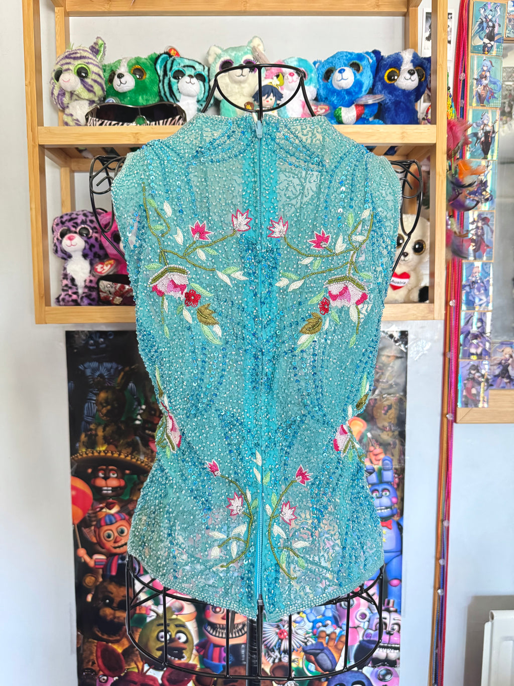 y2k vintage turquoise blue heavily beaded silk fitted vest top mermaid