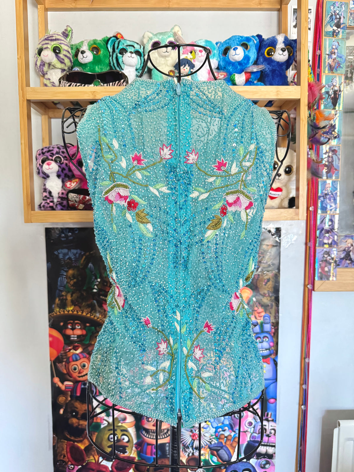 y2k vintage turquoise blue heavily beaded silk fitted vest top mermaid