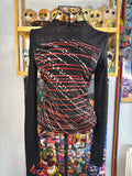 y2k vintage fitted ruched mesh long sleeved top with red slinky swirl pattern body