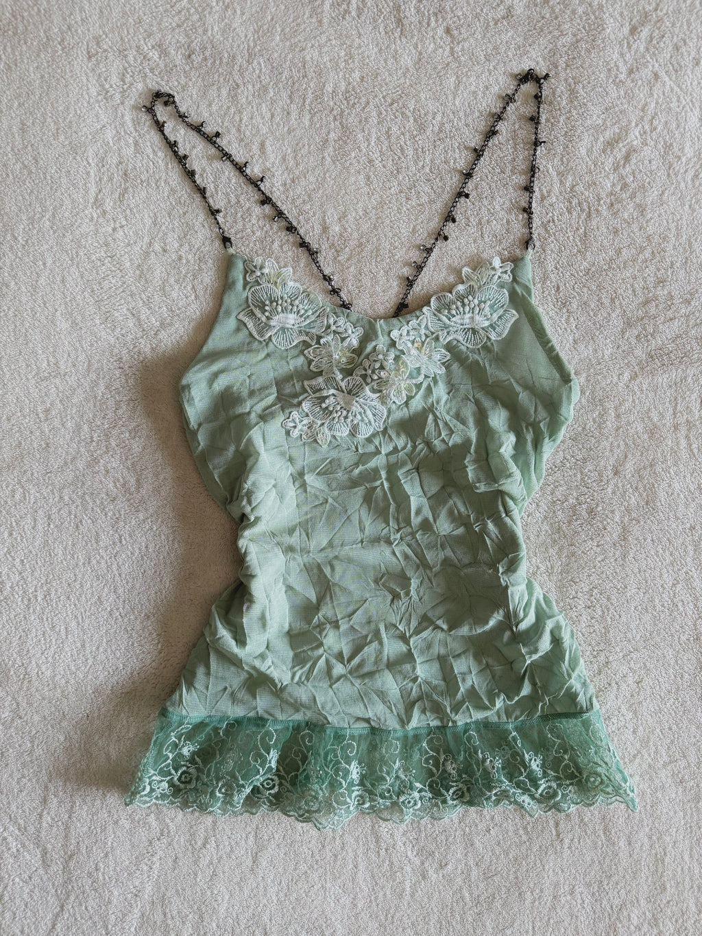 y2k vintage pale sage green mesh fitted cami top with lace trim and beaded chain straps