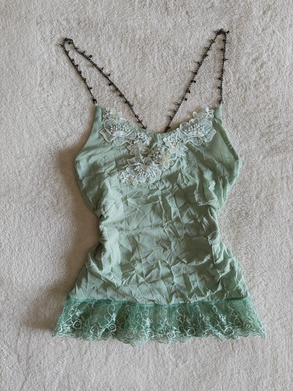 y2k vintage pale sage green mesh fitted cami top with lace trim and beaded chain straps