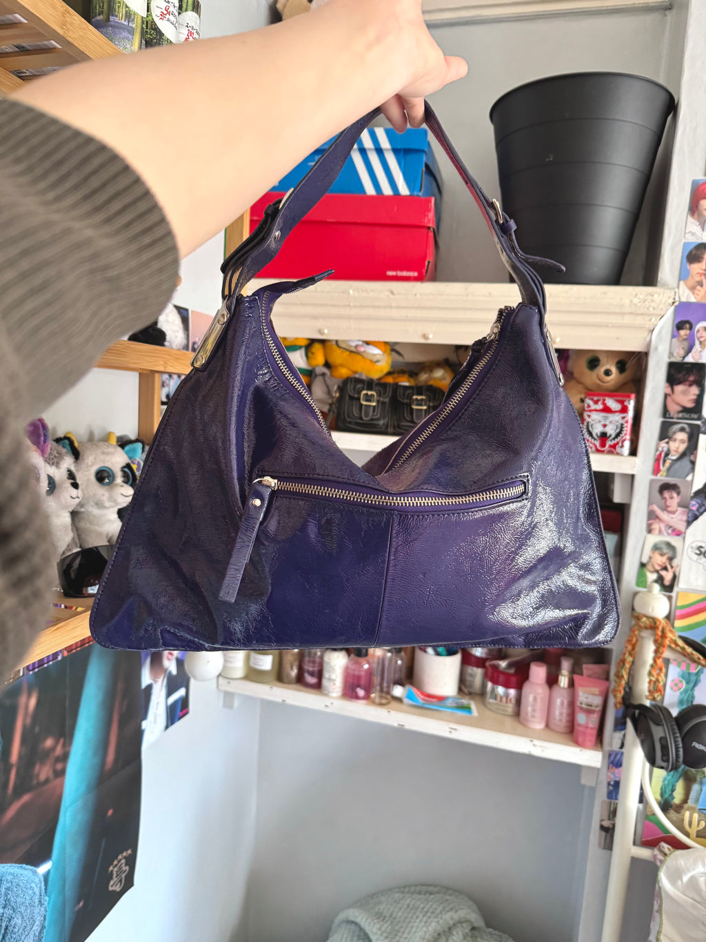 y2k pony hair violet purple slouchy boho handbag with real suede and leather