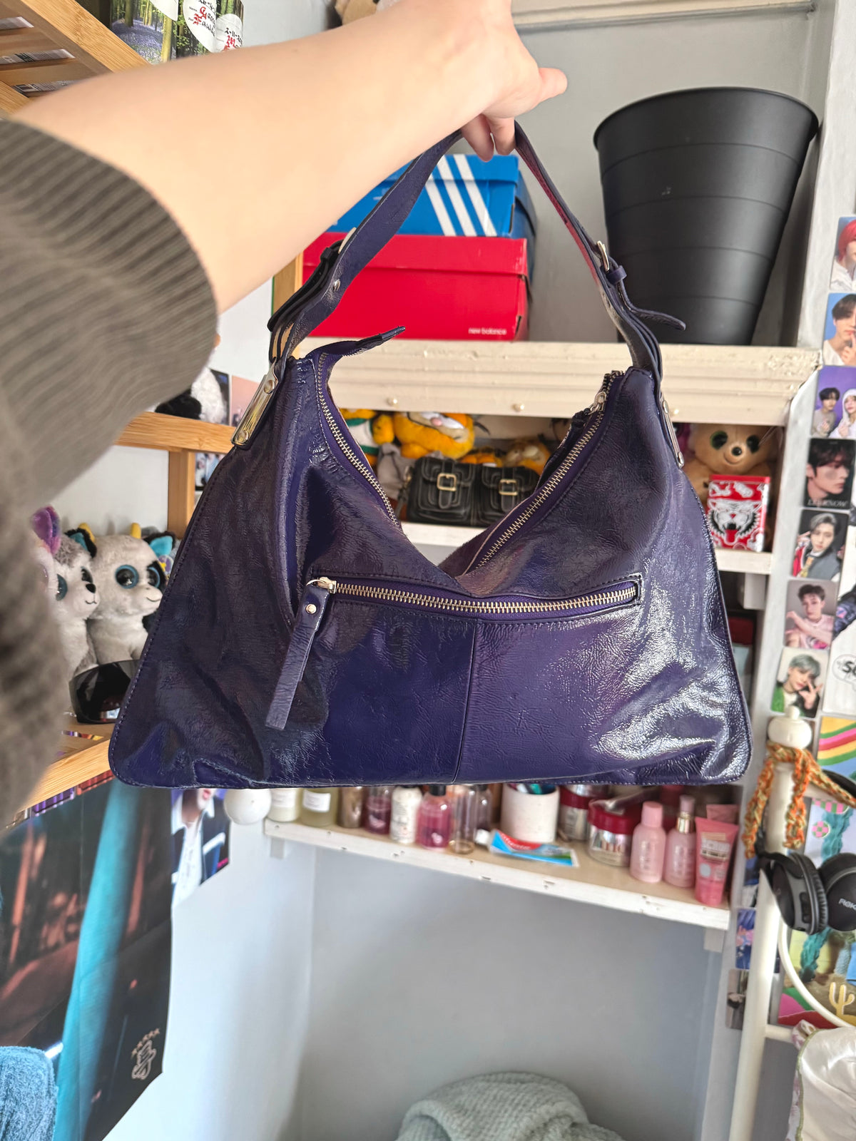 y2k pony hair violet purple slouchy boho handbag with real suede and leather