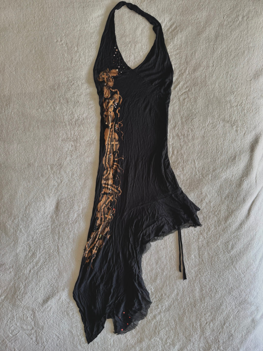 y2k vintage cotton and silk blend asymmetrical halterneck beaded dress
