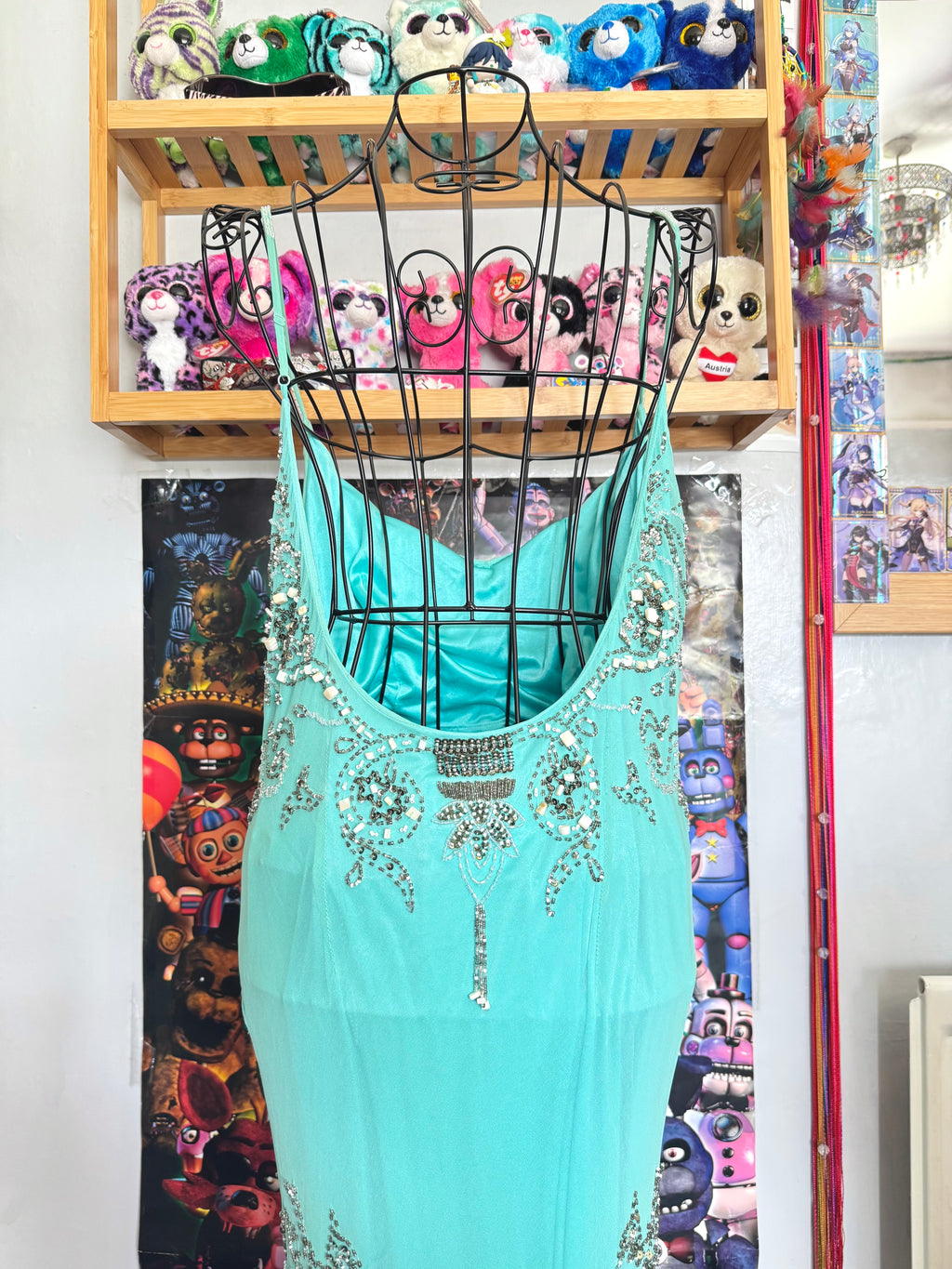 vintage 90’s turquoise blue silk heavily beaded handmade fishtail maxi dress mermaid core