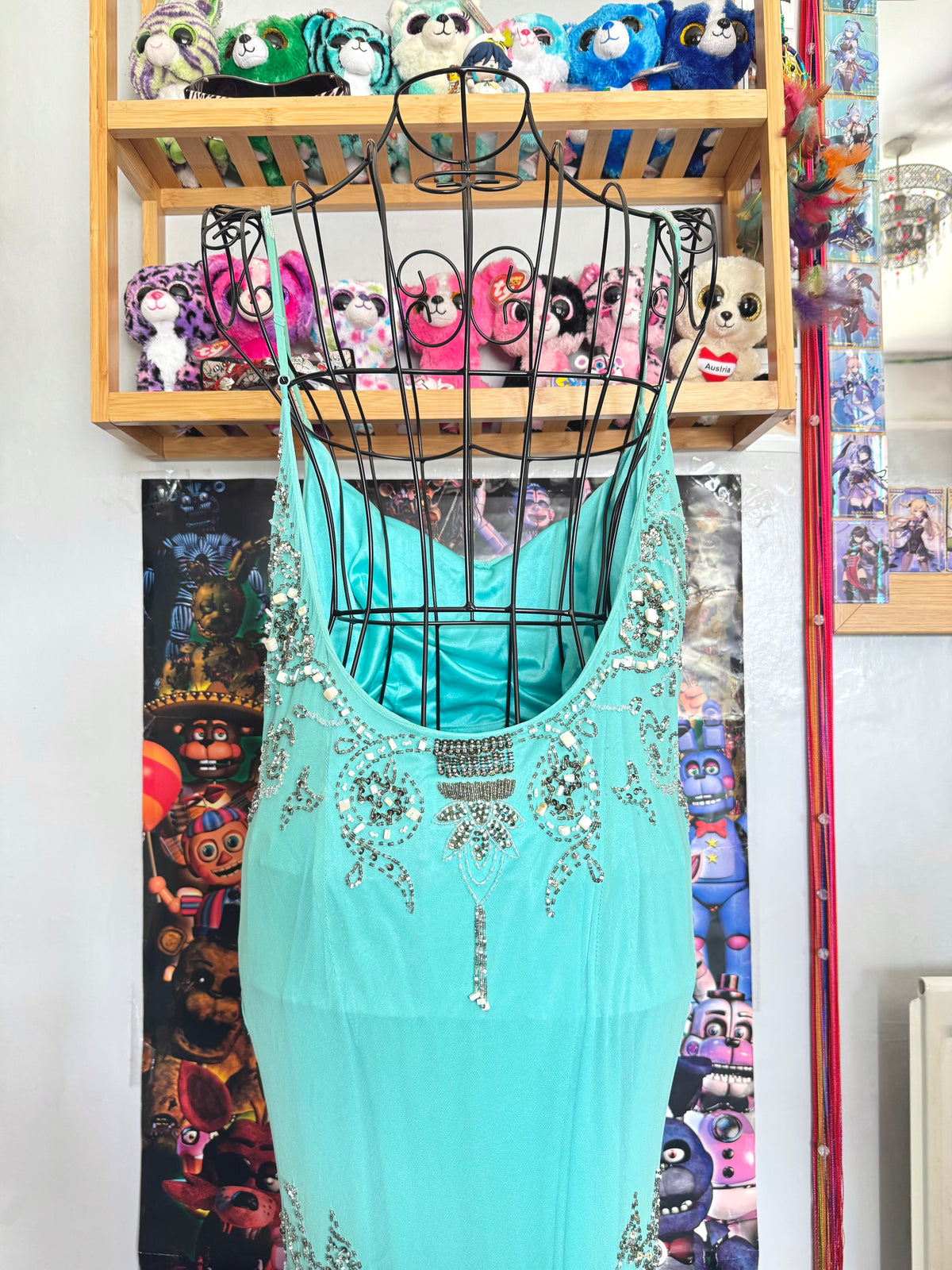 vintage 90’s turquoise blue silk heavily beaded handmade fishtail maxi dress mermaid core