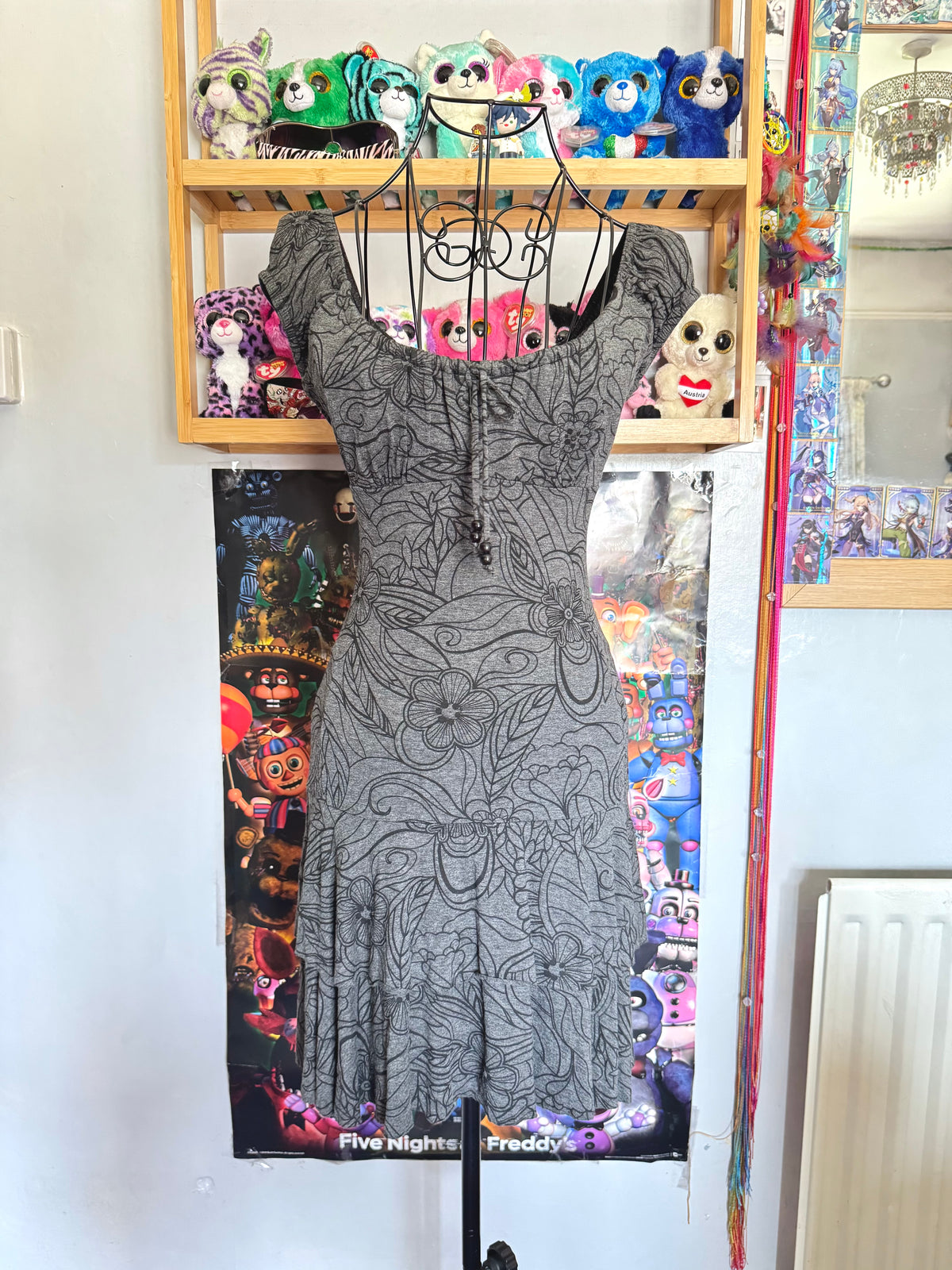 y2k vintage milkmaid floral print grey ruffle tiered mini dress