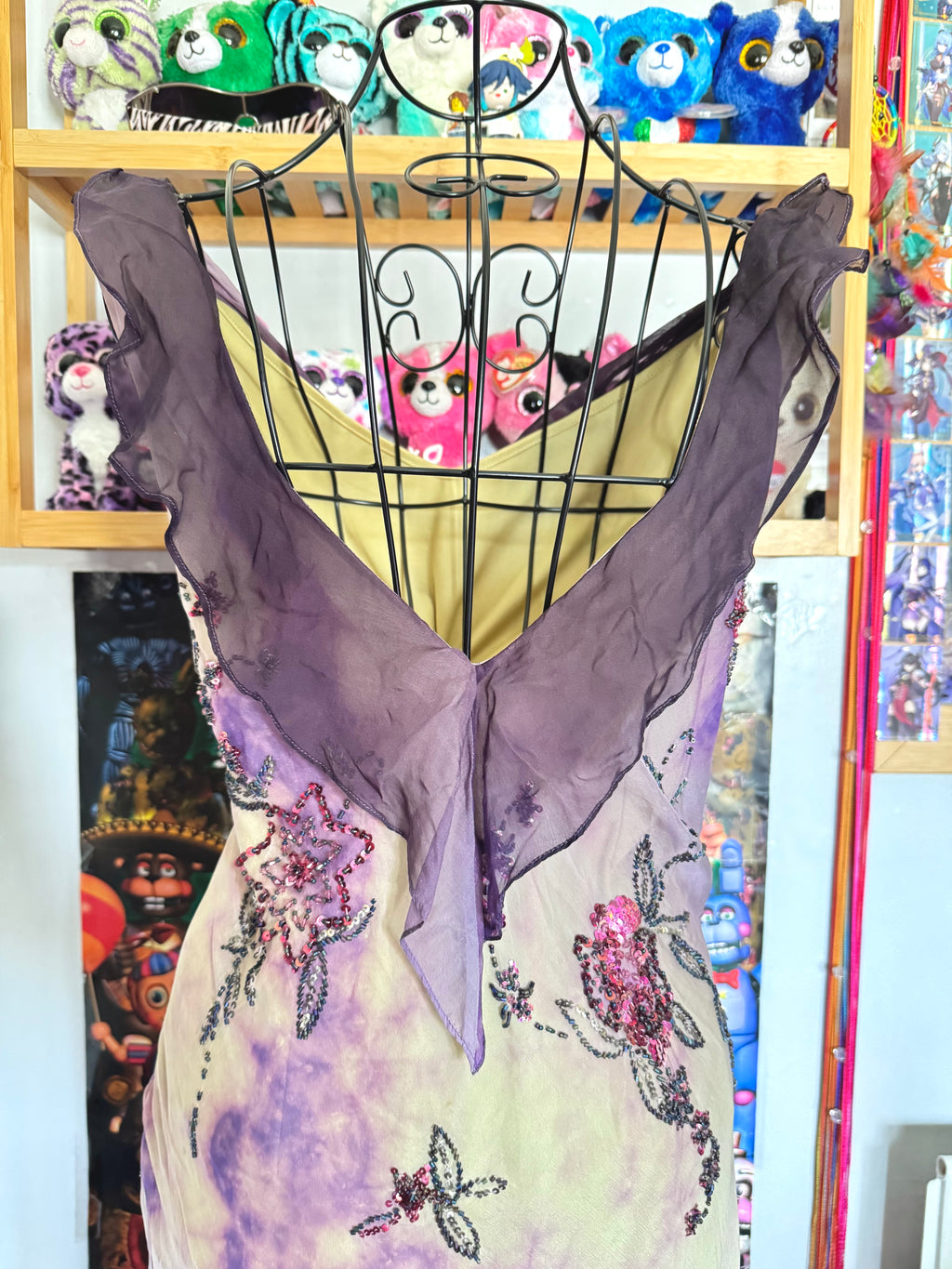 y2k vintage violet purple whimsical silk floral beaded hanky hem cowl neck maxi dress fairy