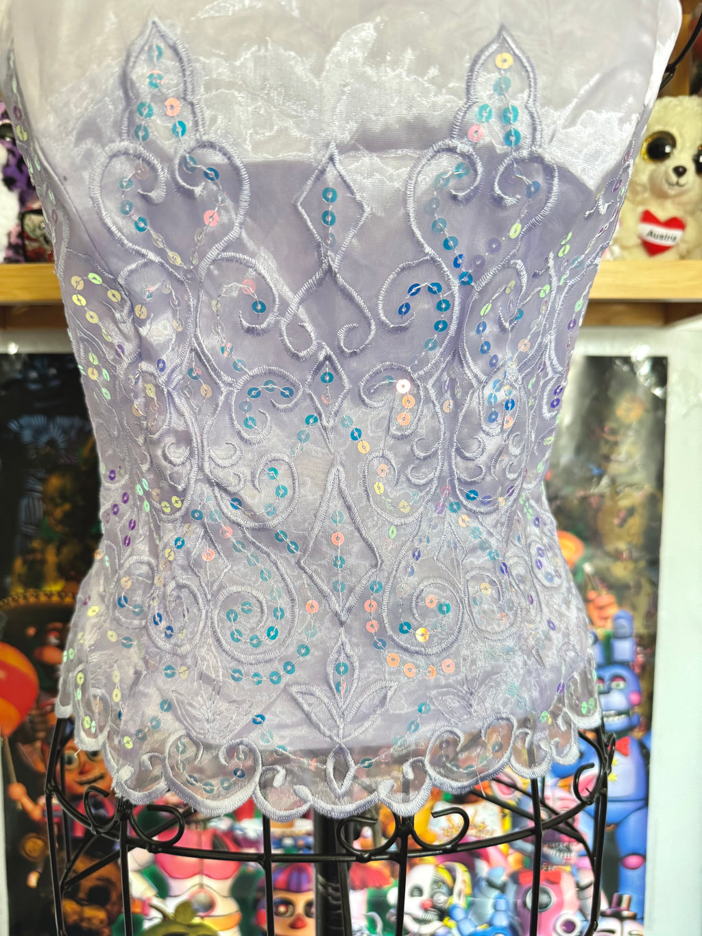 y2k vintage lilac purple lace back cropped and fitted corset top with sequins embellished