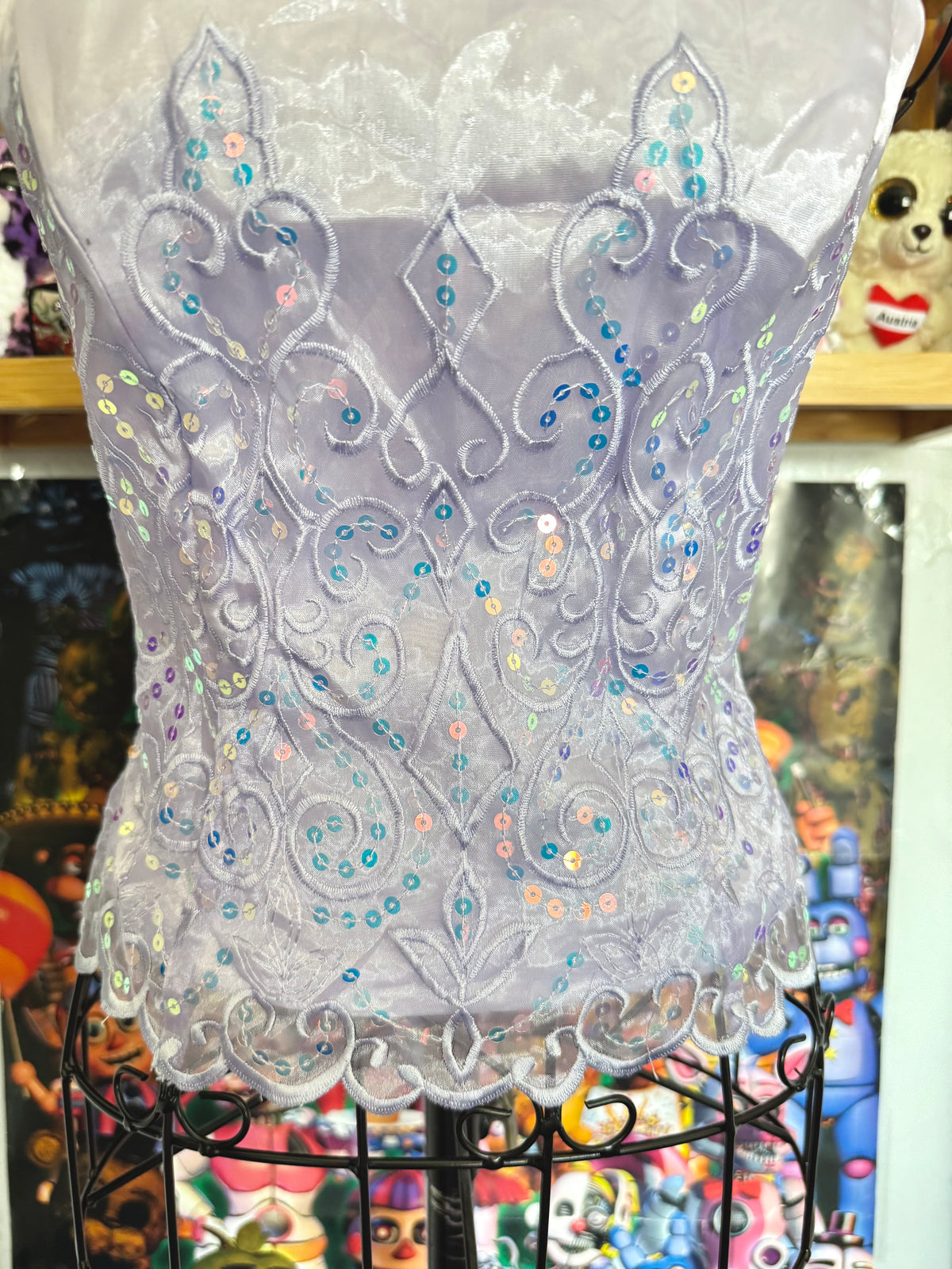 y2k vintage lilac purple lace back cropped and fitted corset top with sequins embellished