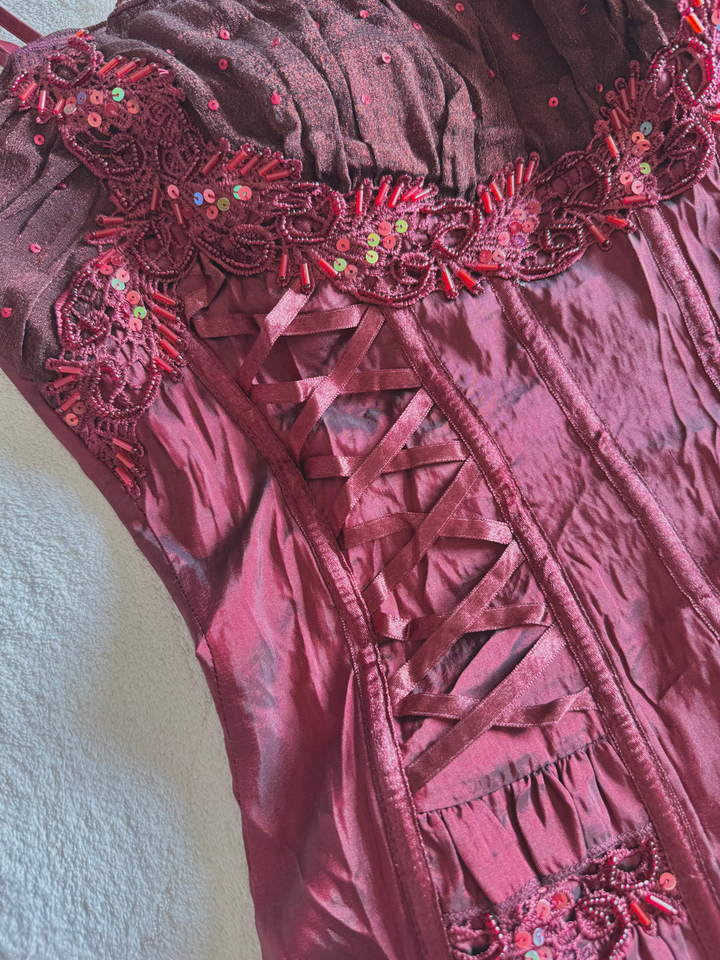 y2k vintage crimson red lace up look sequin embellished boned and fitted corset top