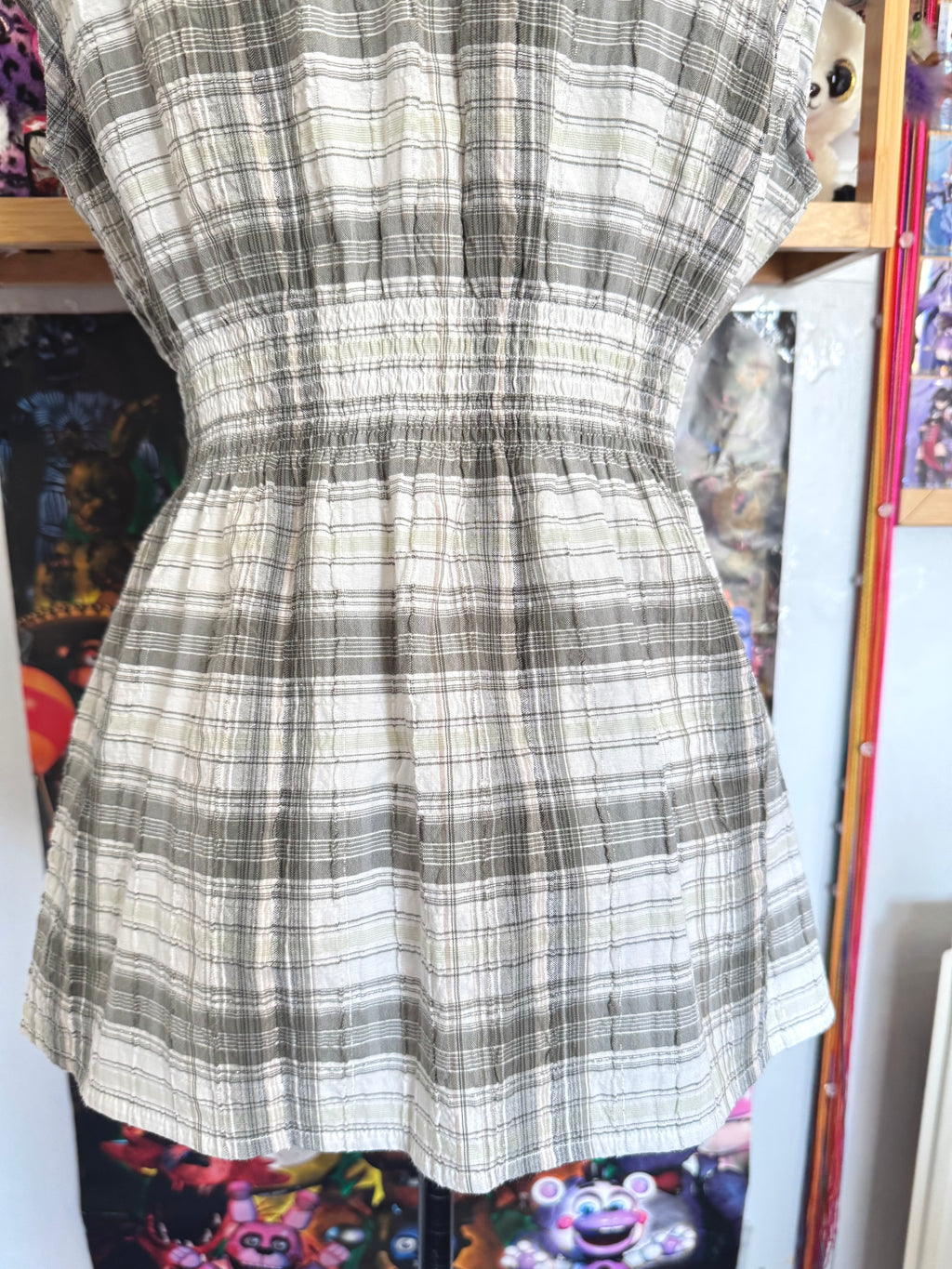 y2k vintage checkered button up babydoll top with elasticated waist and cap sleeves