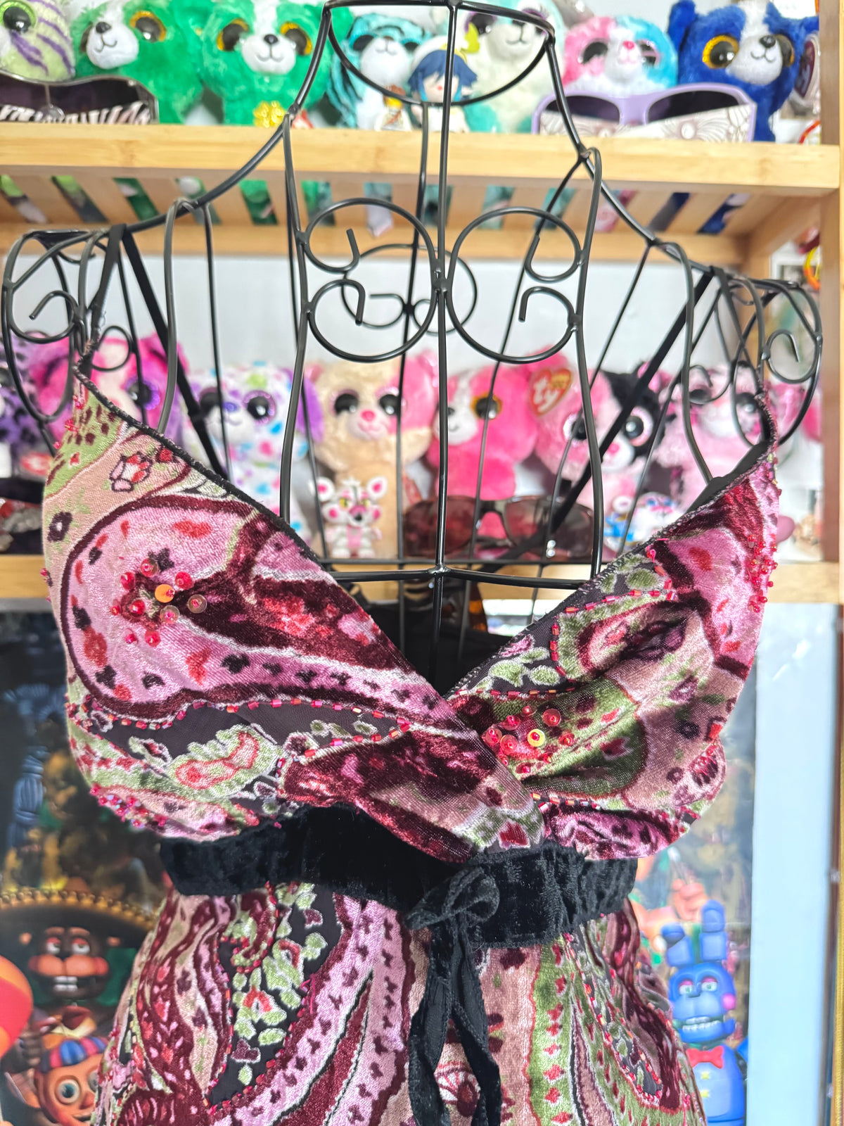 y2k vintage paisley print velvet mixed textures beaded cami top fairycore whimsical