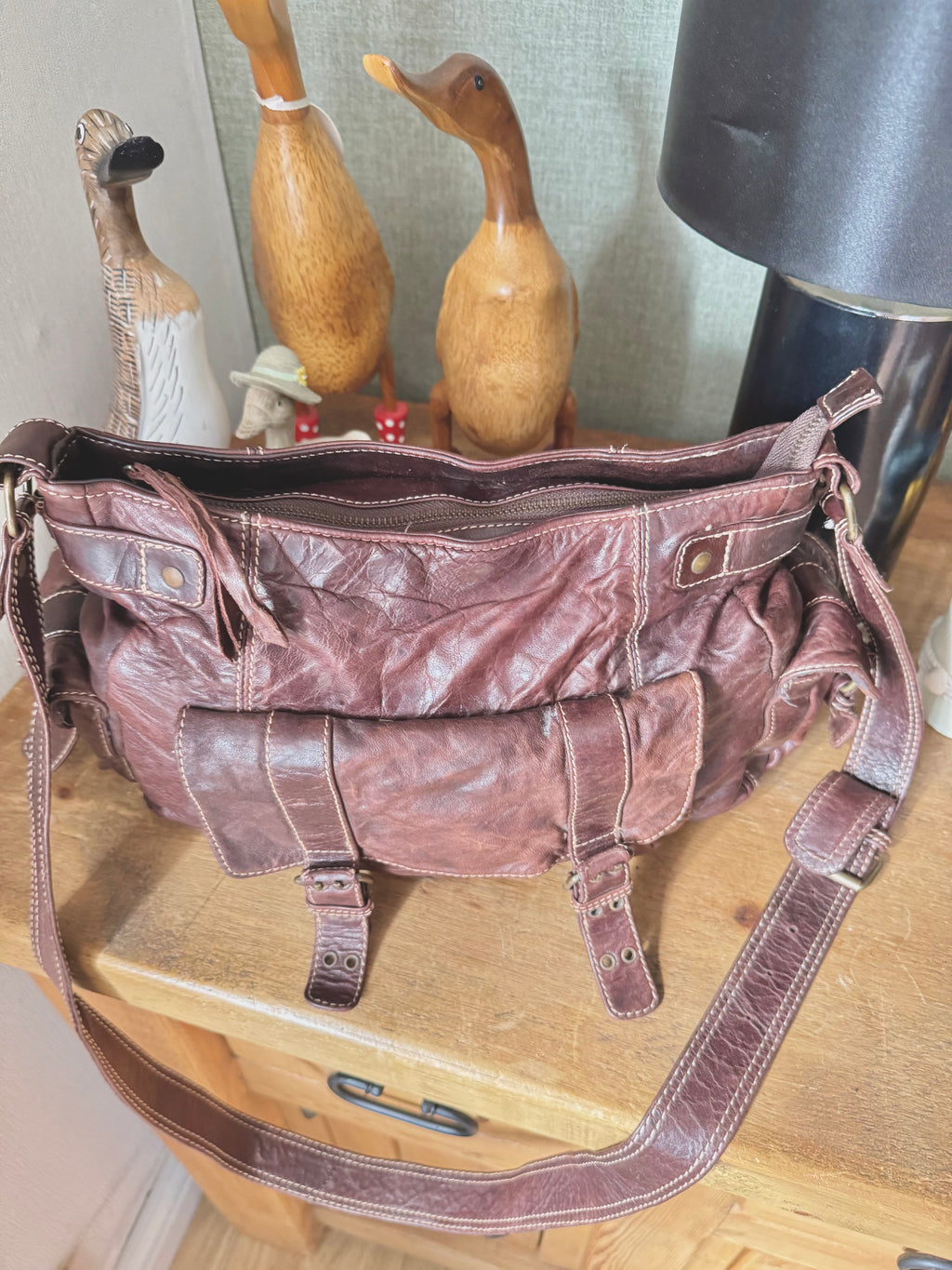 y2k vintage brown real leather golden hardware detail buckle shoulder bag