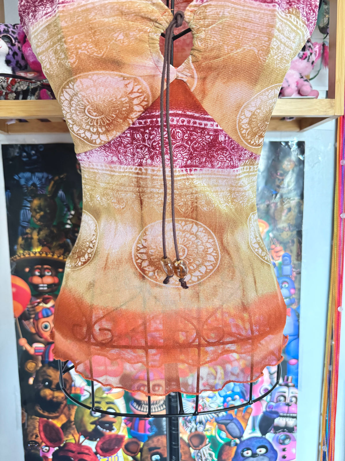 y2k vintage mesh fitted ombre sleeveless vest top with keyhole cutout and tassels