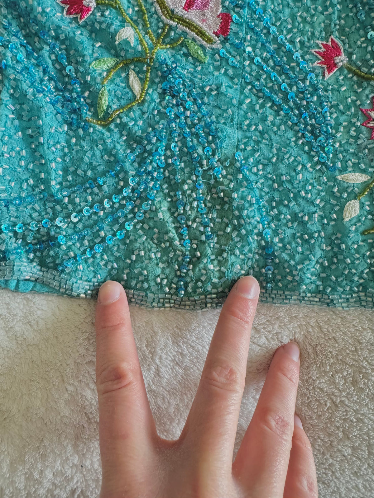 y2k vintage turquoise blue heavily beaded silk fitted vest top mermaid