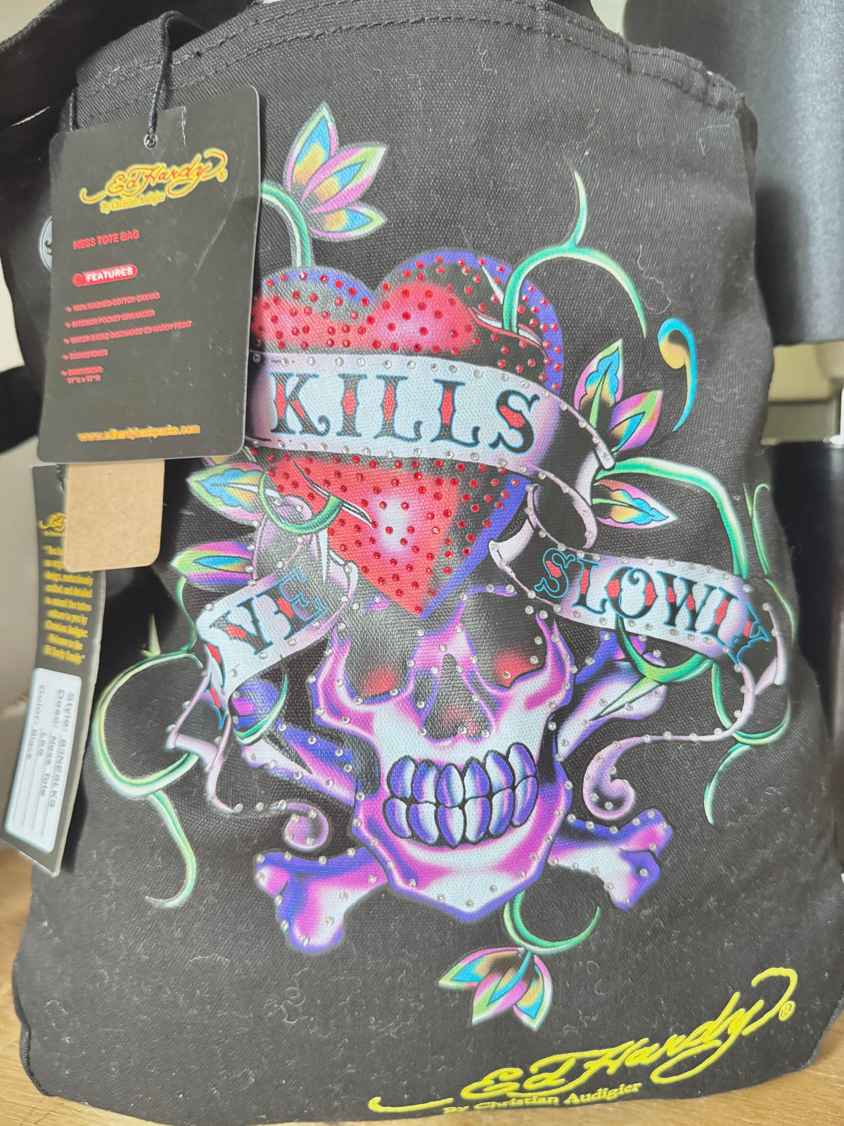 y2k deadstock bnwt graphic skull print Ed Hardy tote bag with rhinestones