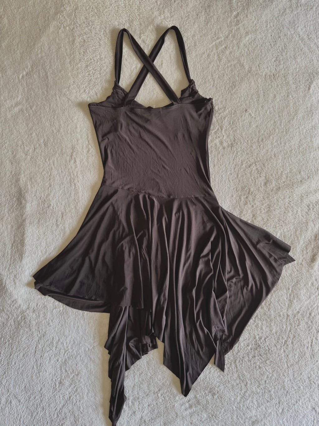 y2k vintage chocolate brown asymmetrical hem lace trim midi dress with crisscross back fairy