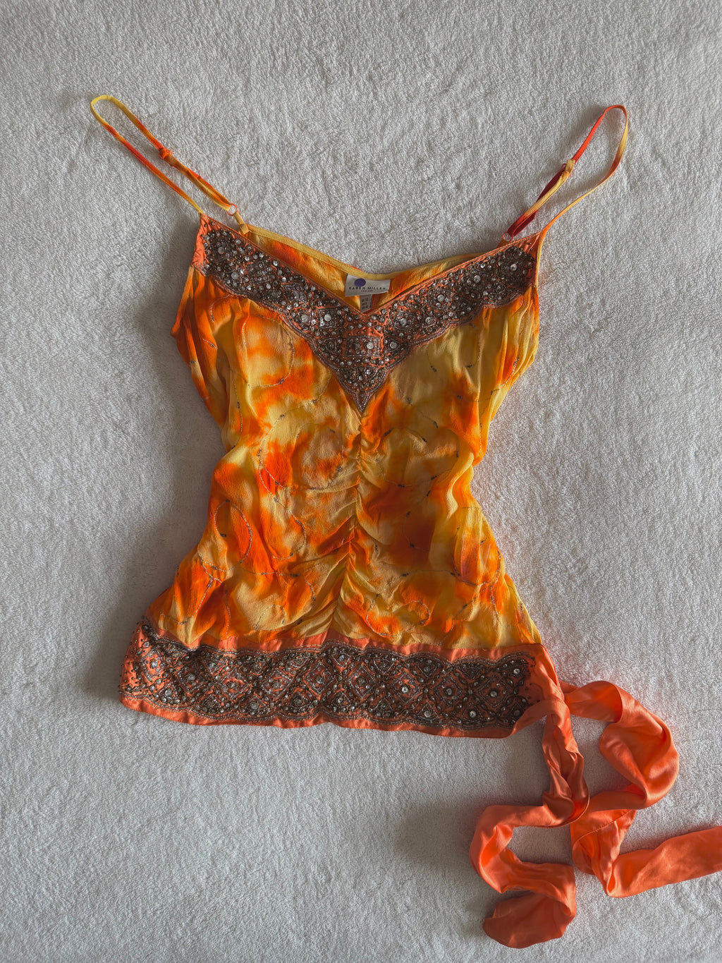 y2k vintage 2002 silk tie dye effect sequin embellished cami top warm autumnal