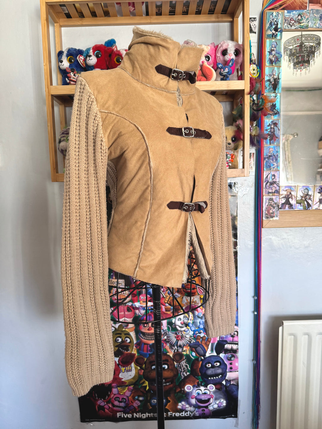 y2k vintage buckle up fitted and cropped jacket with chunky ribbed knit sleeves western boho