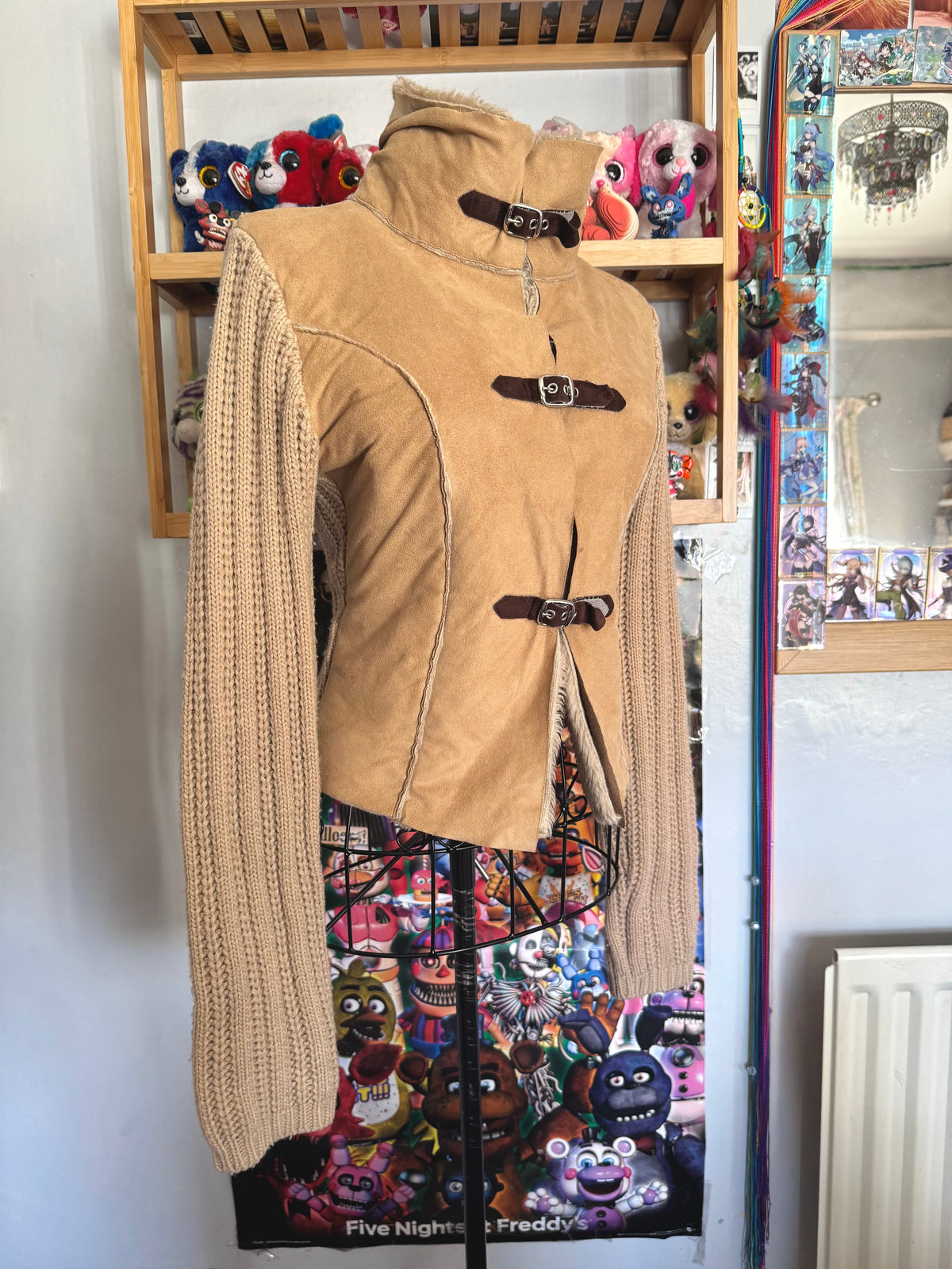 y2k vintage buckle up fitted and cropped jacket with chunky ribbed knit sleeves western boho