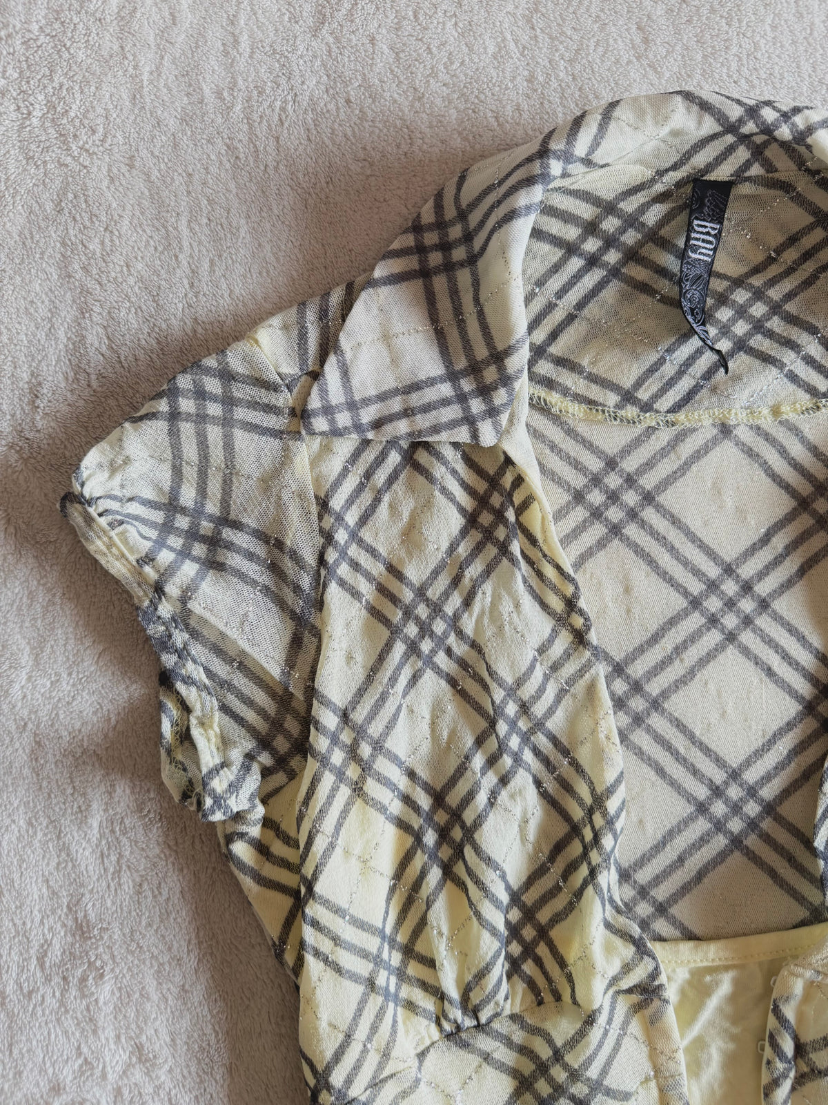 y2k vintage plaid print glittery tie back fitted blouse with built-in cami under