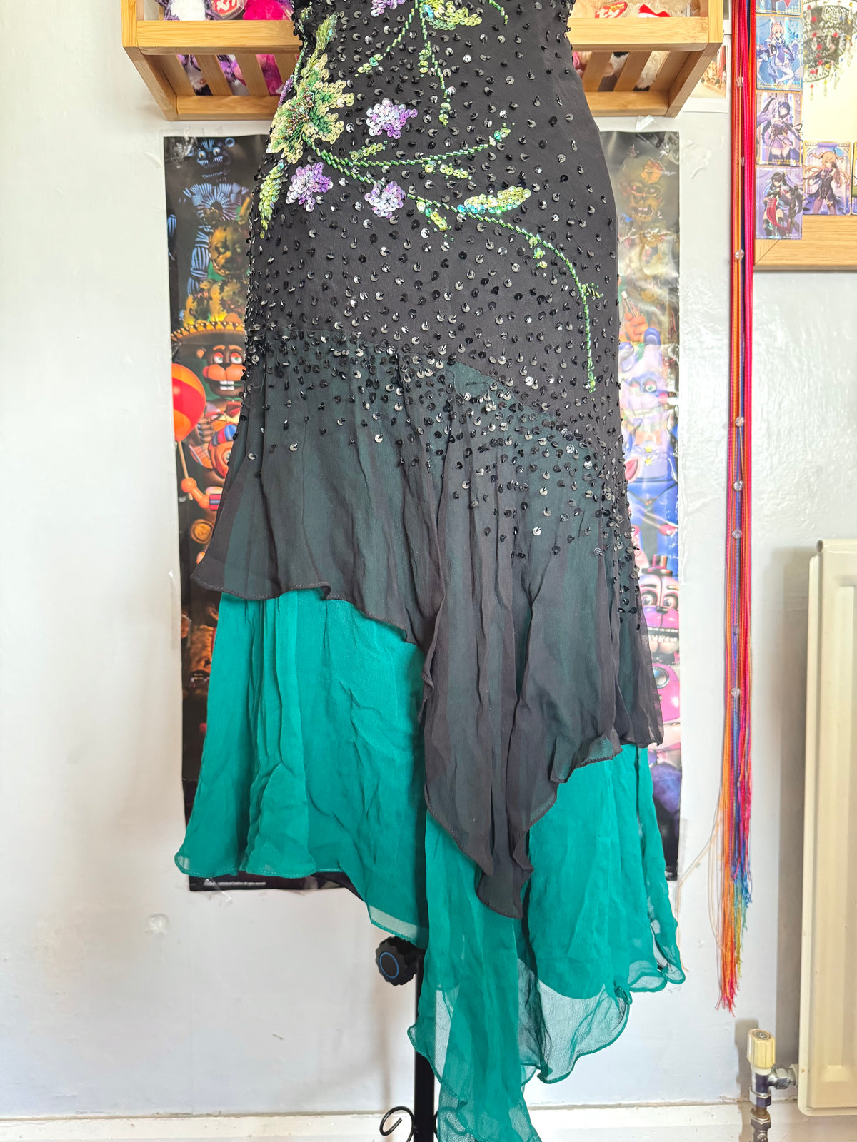 y2k vintage silk asymmetrical hem V-neck sequin embellished occasion dress