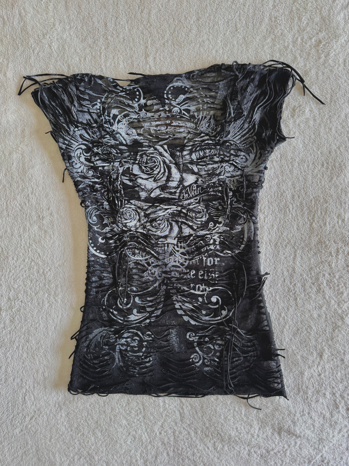 y2k vintage insane slashed graphic rose print sheer fitted tee grunge