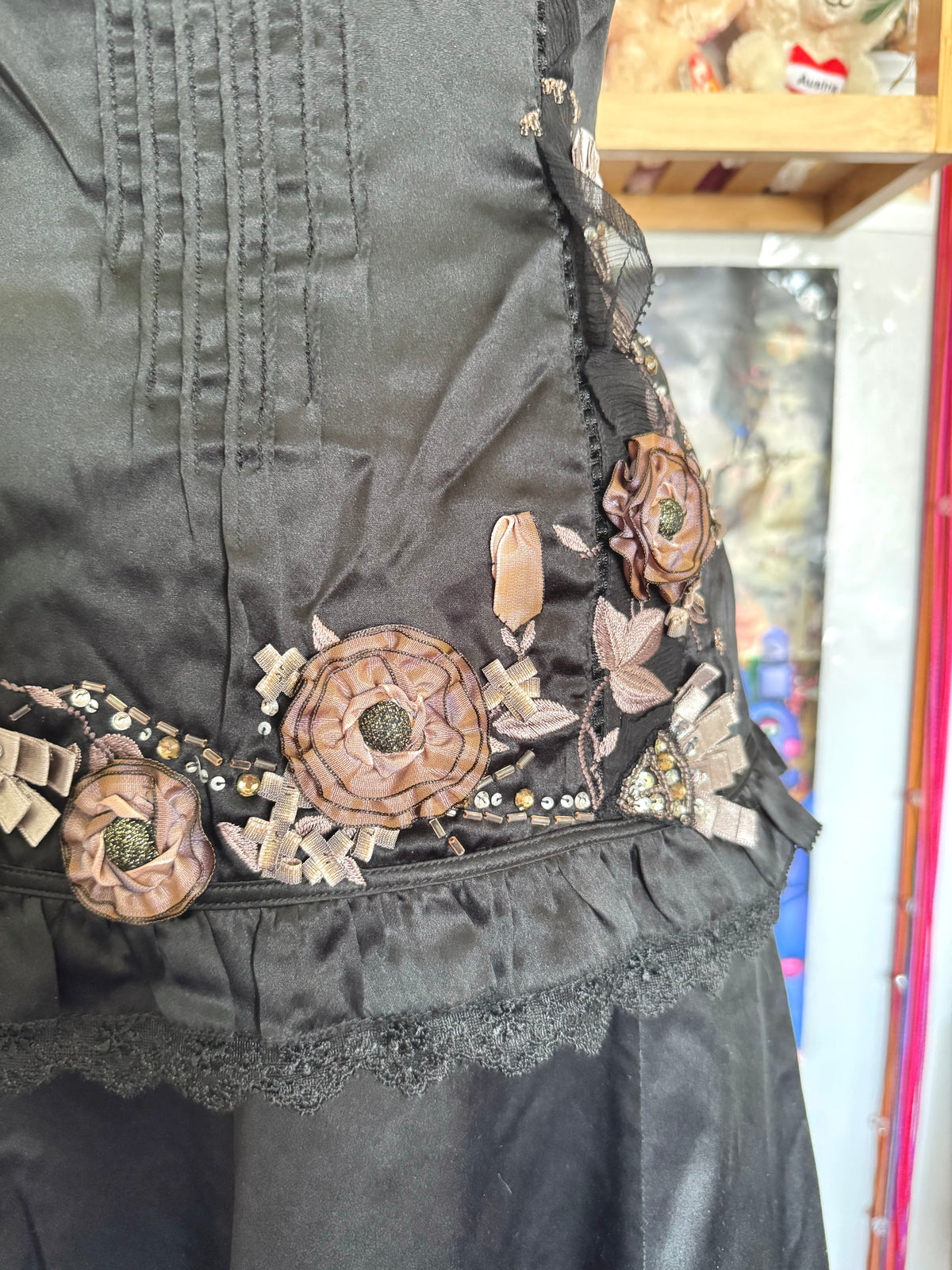 y2k vintage silk co-ord cami top and mini skirt with 3D blossoms embellished