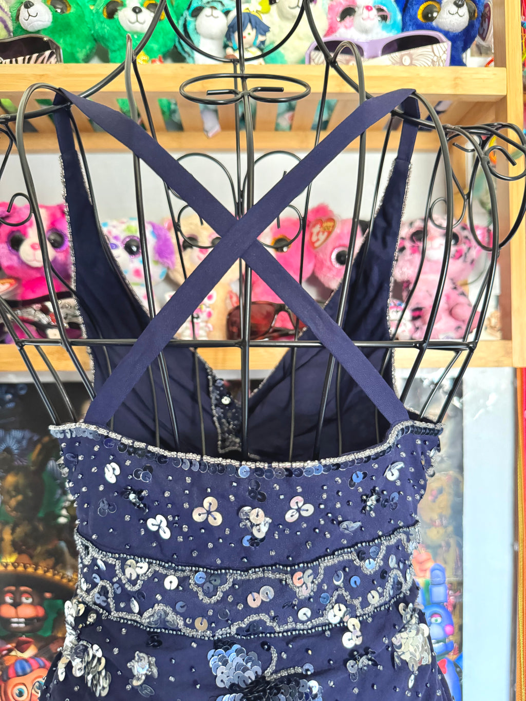 y2k vintage silk royal blue crisscross back fitted slightly cropped cami with butterfly sequins
