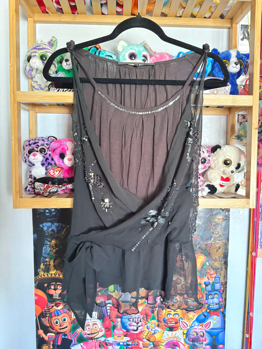 y2k vintage layered vest top with dragonfly jewels embellished and lettuce hem