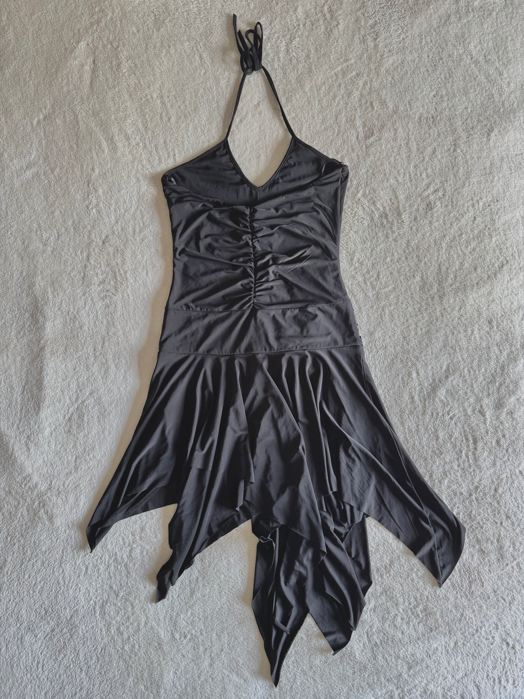 y2k vintage black sequin ruched slinky halterneck midi dress with hanky fairy hem
