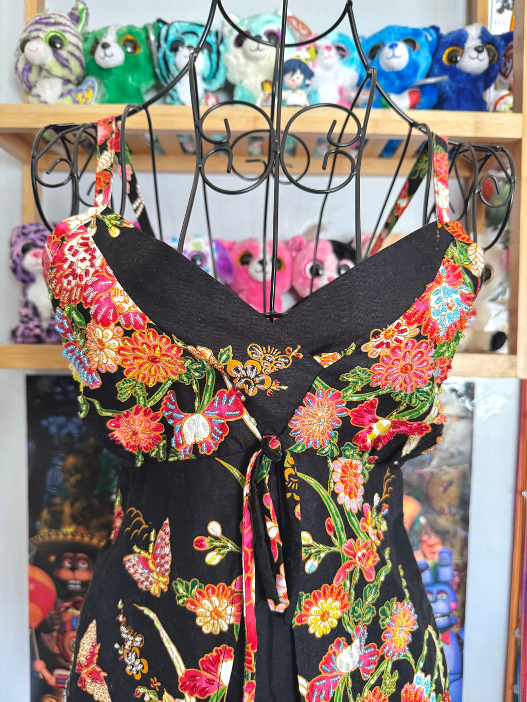 y2k vintage black and multi floral beaded fitted cami top