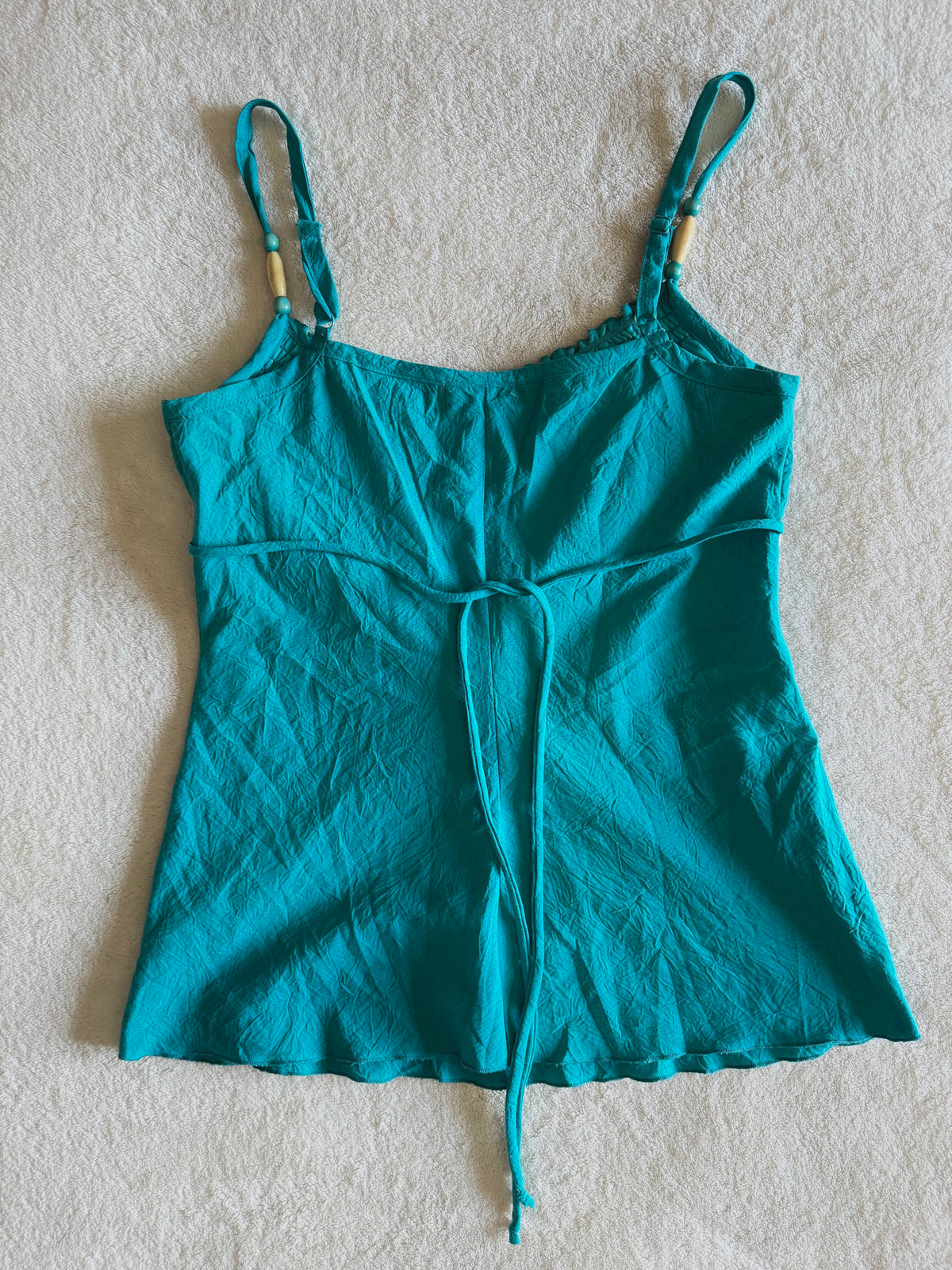y2k vintage teal blue tie back fitted cami top with expansive floral embroidery