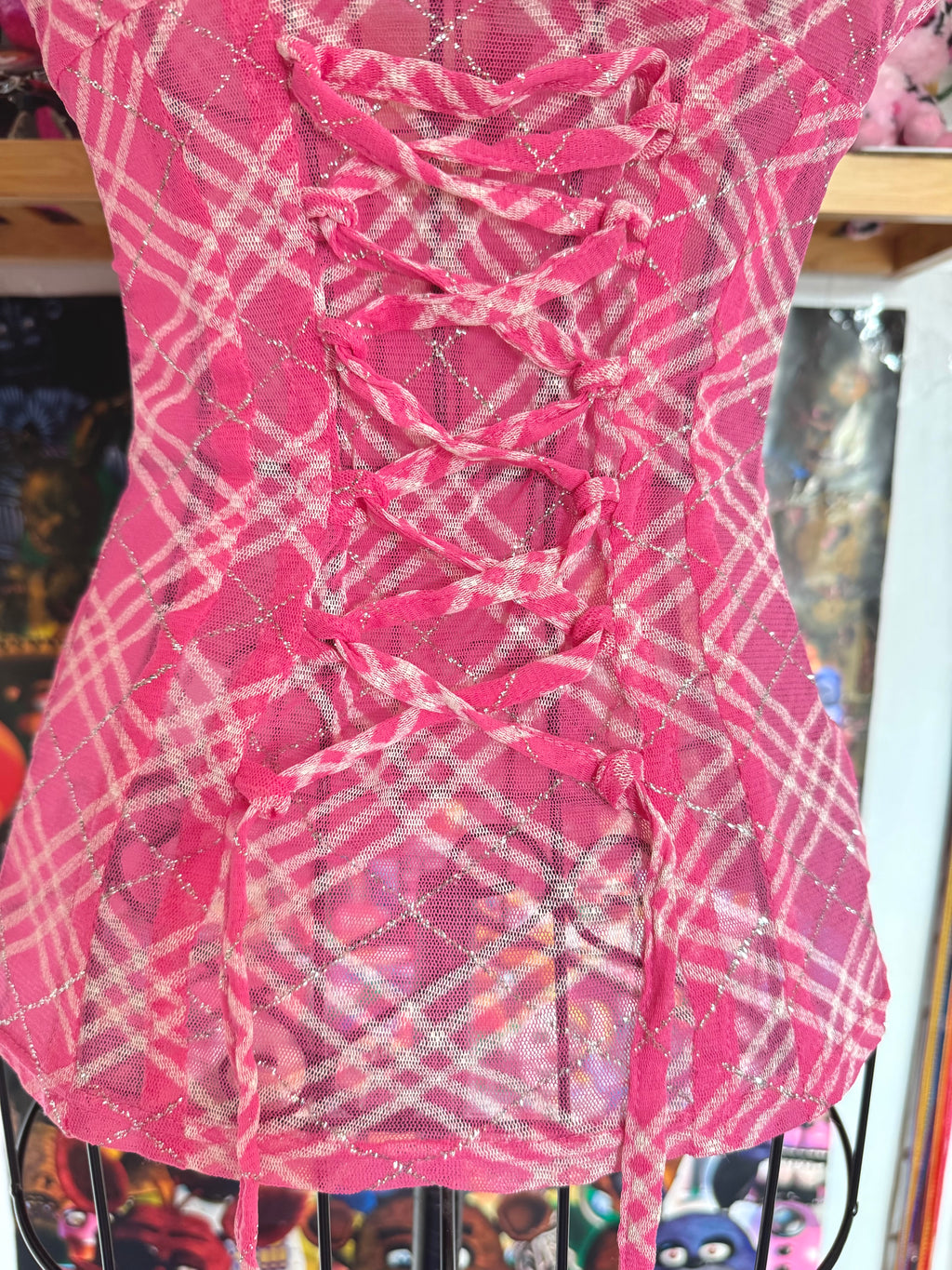 y2k vintage rare hot pink plaid glittery button up sheer blouse with lace up back mcbling
