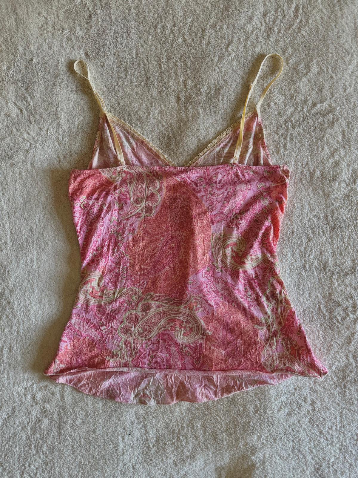y2k vintage paisley print pink fitted cami top with sequins and lace trimmings