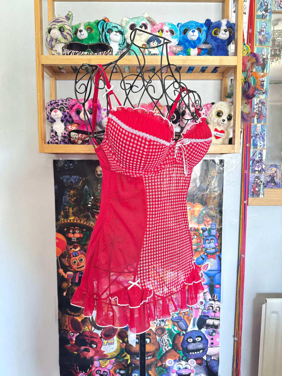 y2k vintage red and white gingham mesh babydoll cami top coquette