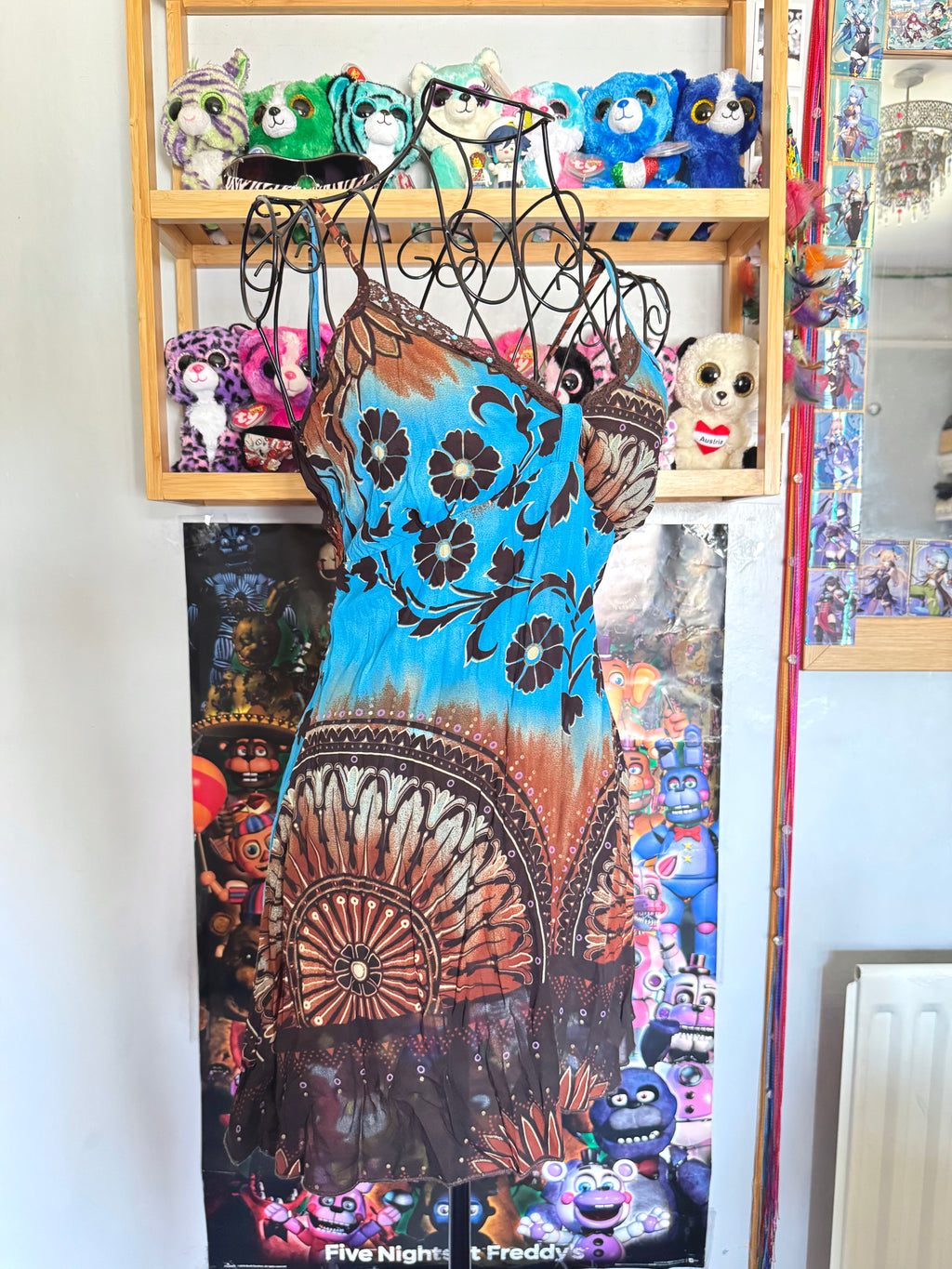 y2k vintage earthy blue and brown floral fitted cami top