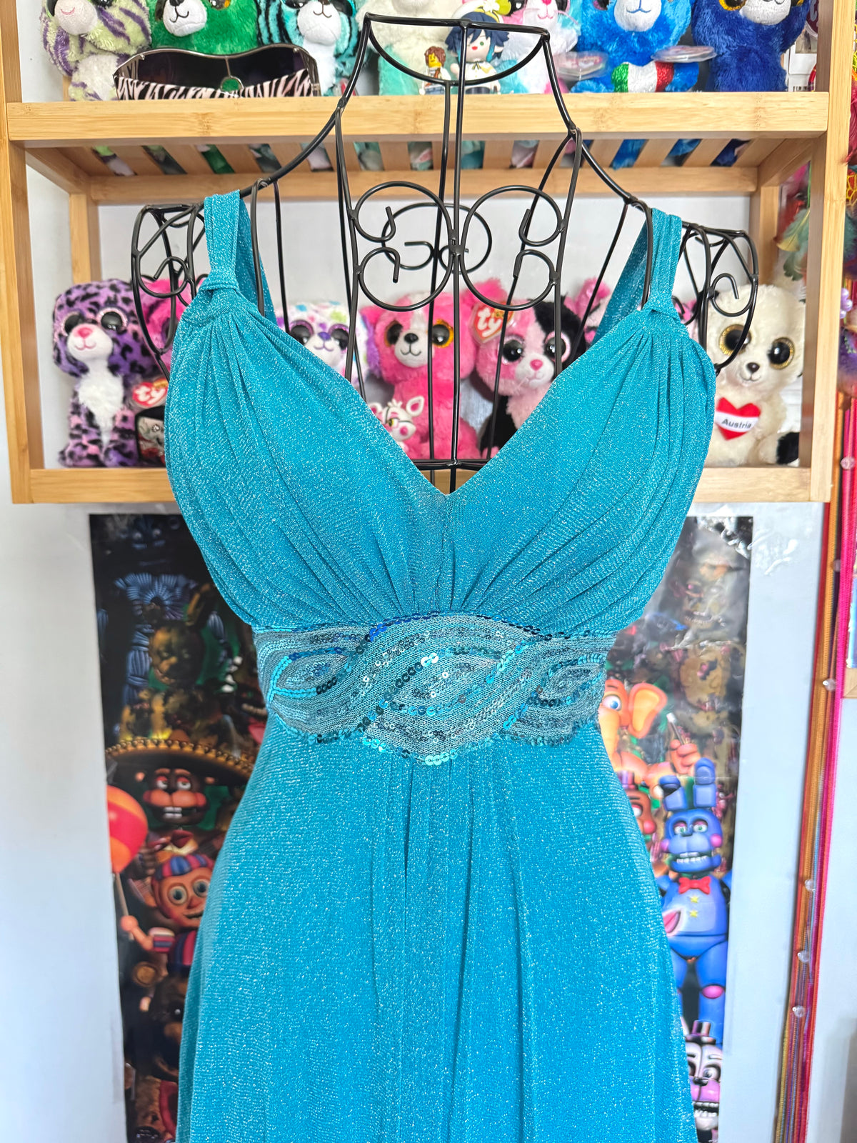 y2k vintage aqua blue shimmery tie back sequin mesh mini dress