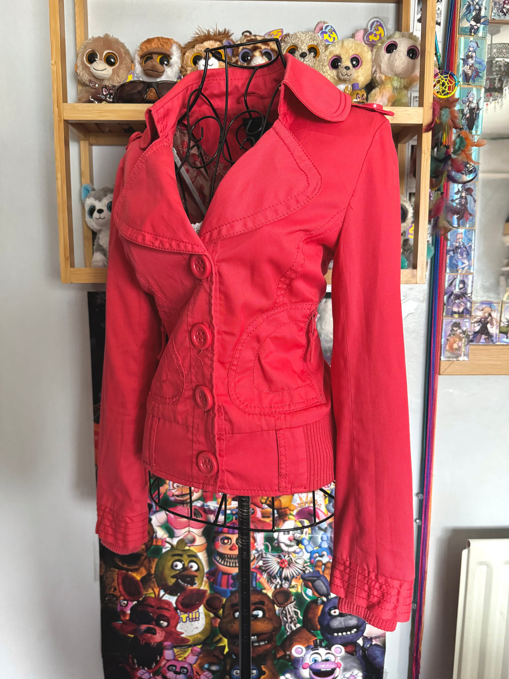 y2k vintage coral red fitted bomber jacket peacoat with zip pockets and chunky buttons