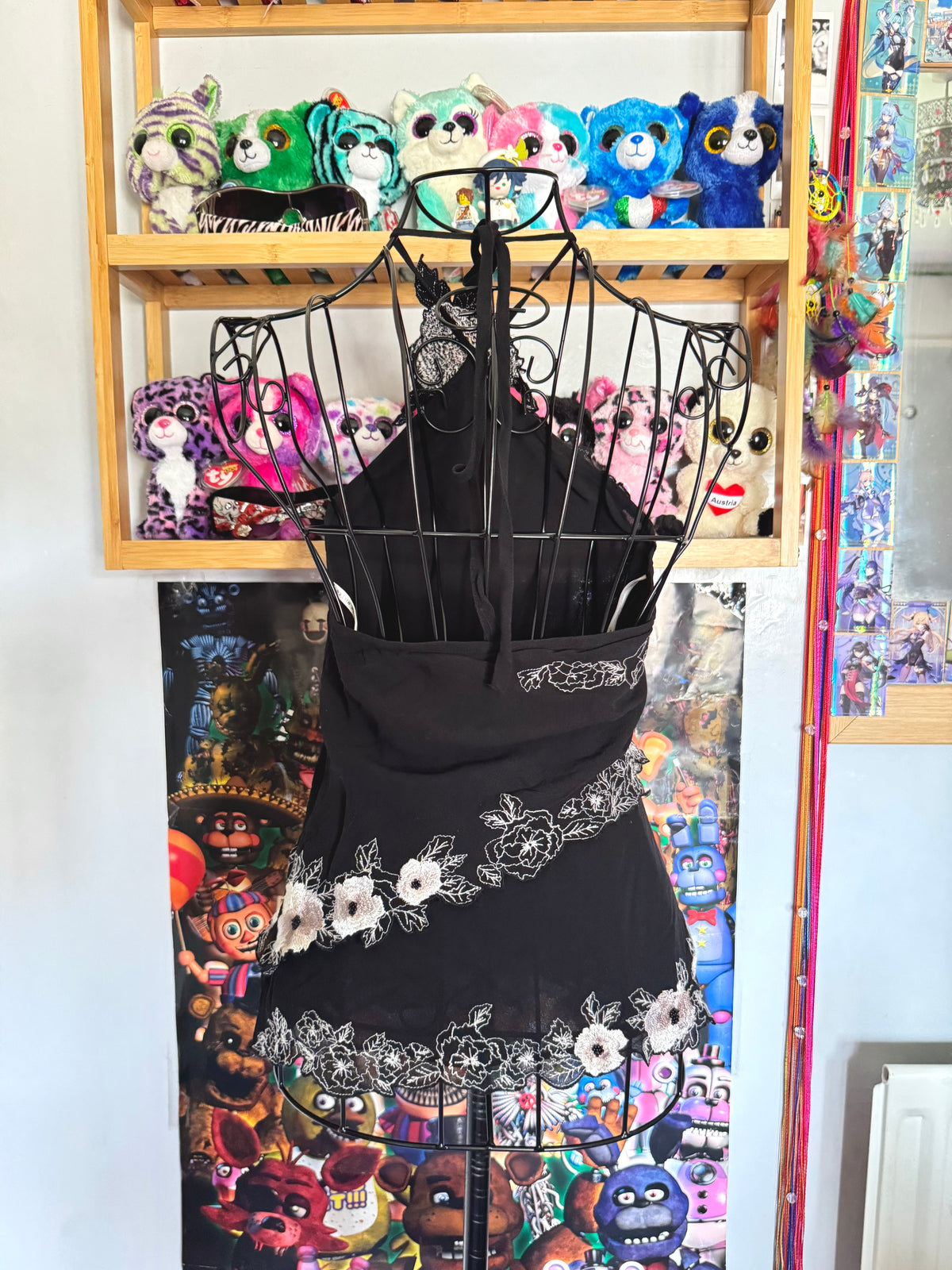 y2k vintage silk black floral embroidered halterneck cami top